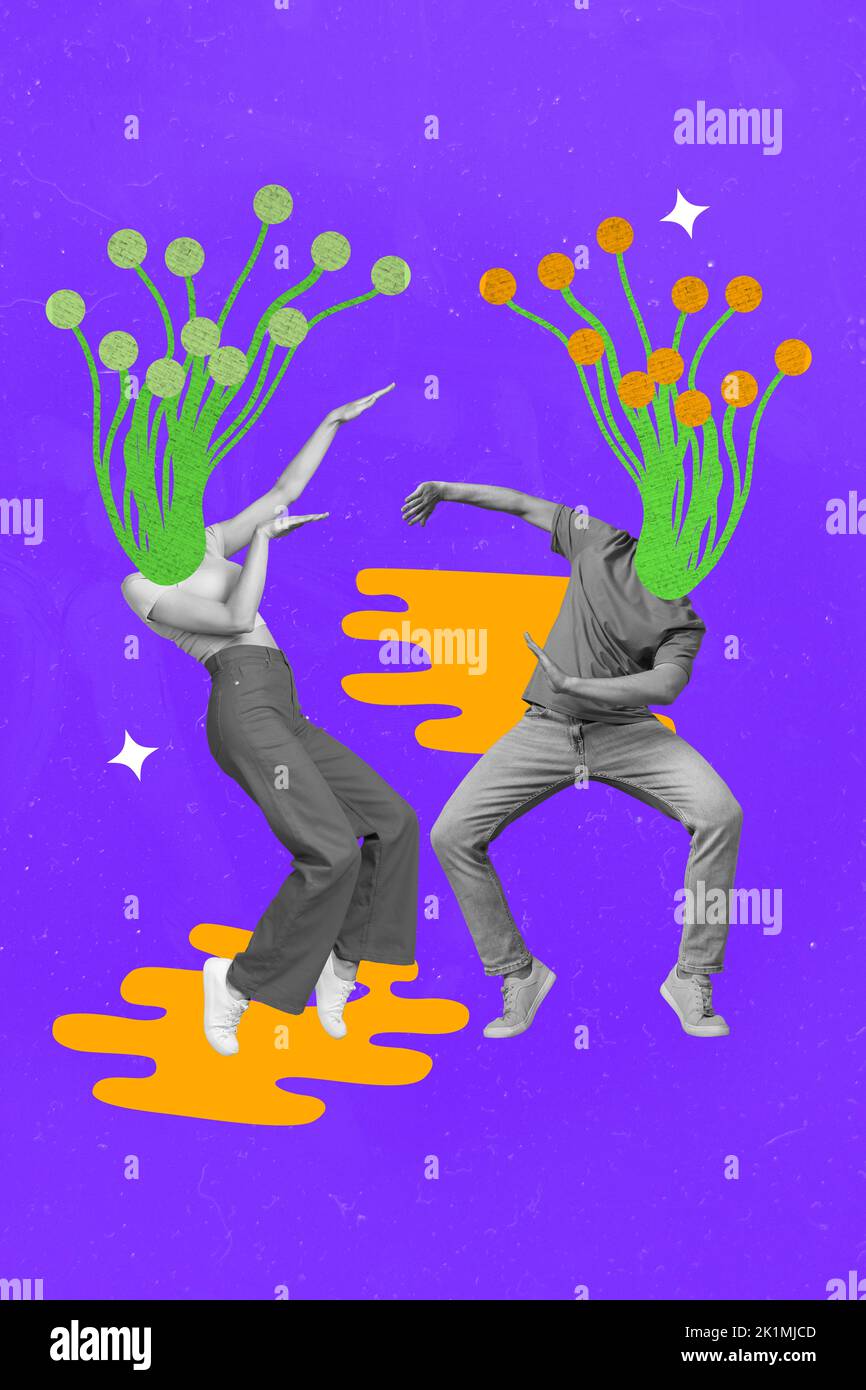 Collage Foto von jungen Paar Arbeiter retro feiern Party Event Tanz Diskothek positive kopflose Blume absurd isoliert auf Neonfarbe Hintergrund Stockfoto