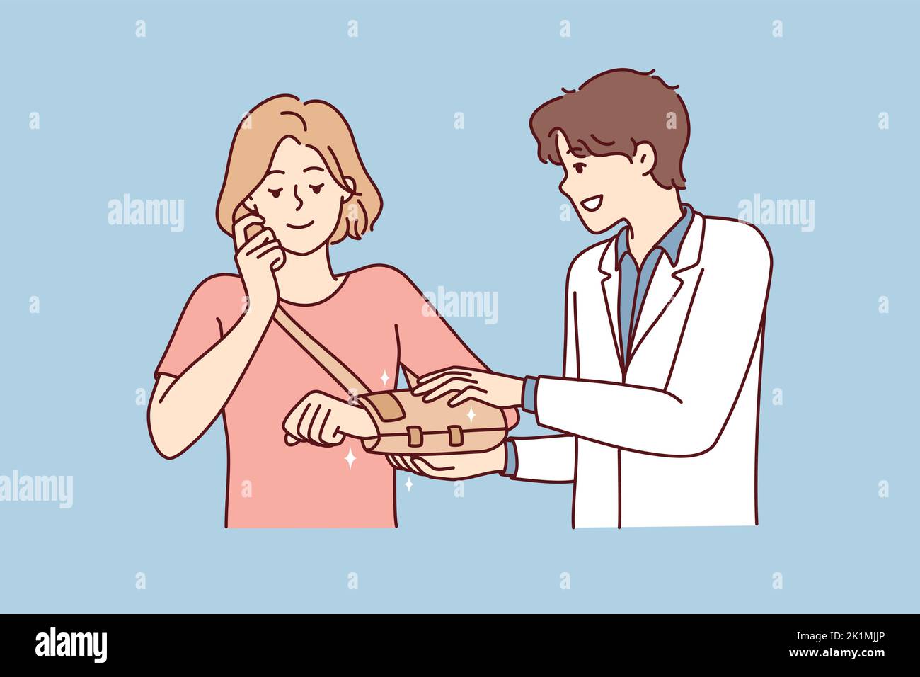 Der männliche Arzt hilft dem Patienten, nach einem Trauma oder einer Verletzung einen Verband zur Hand zu legen. Therapeut oder Chirurg heilen Frau mit gebrochener Schulter im Krankenhaus. Vektorgrafik. Stock Vektor