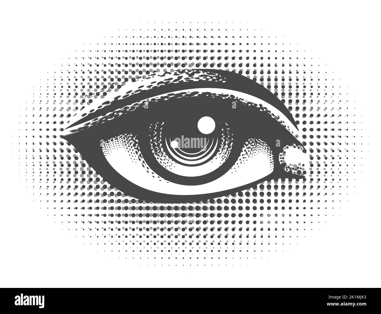 Menschliches Auge auf Halbtonhintergrund.. Retro Illustration isoliert auf weiß. Stock Vektor