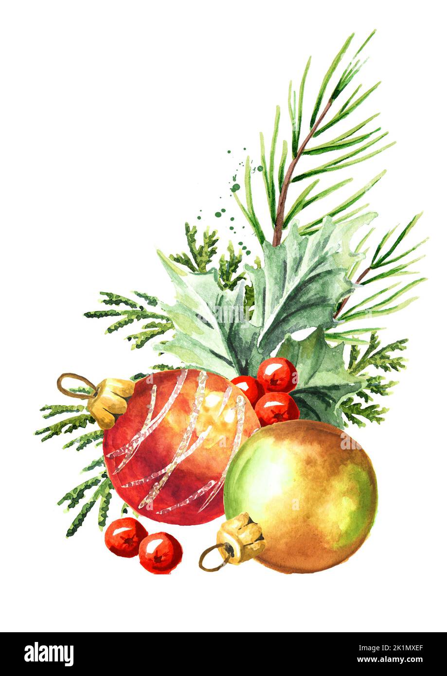 Weihnachten und ein glückliches neues Jahr festliches Dekor für Grußkarte oder Flyer, Postkarte, Broschüre, Broschüre . Handgezeichnete Aquarellillustration isoliert auf w Stockfoto