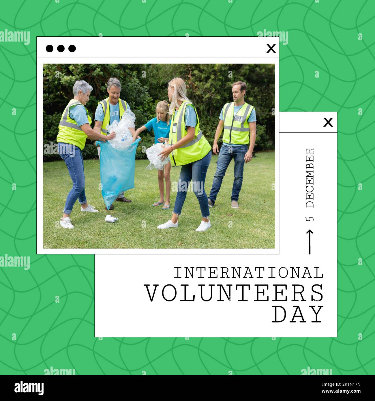 Kaukasische Freiwillige sammeln Müll im Park und internationale Freiwillige Tag, 5 dezember Text Stockfoto