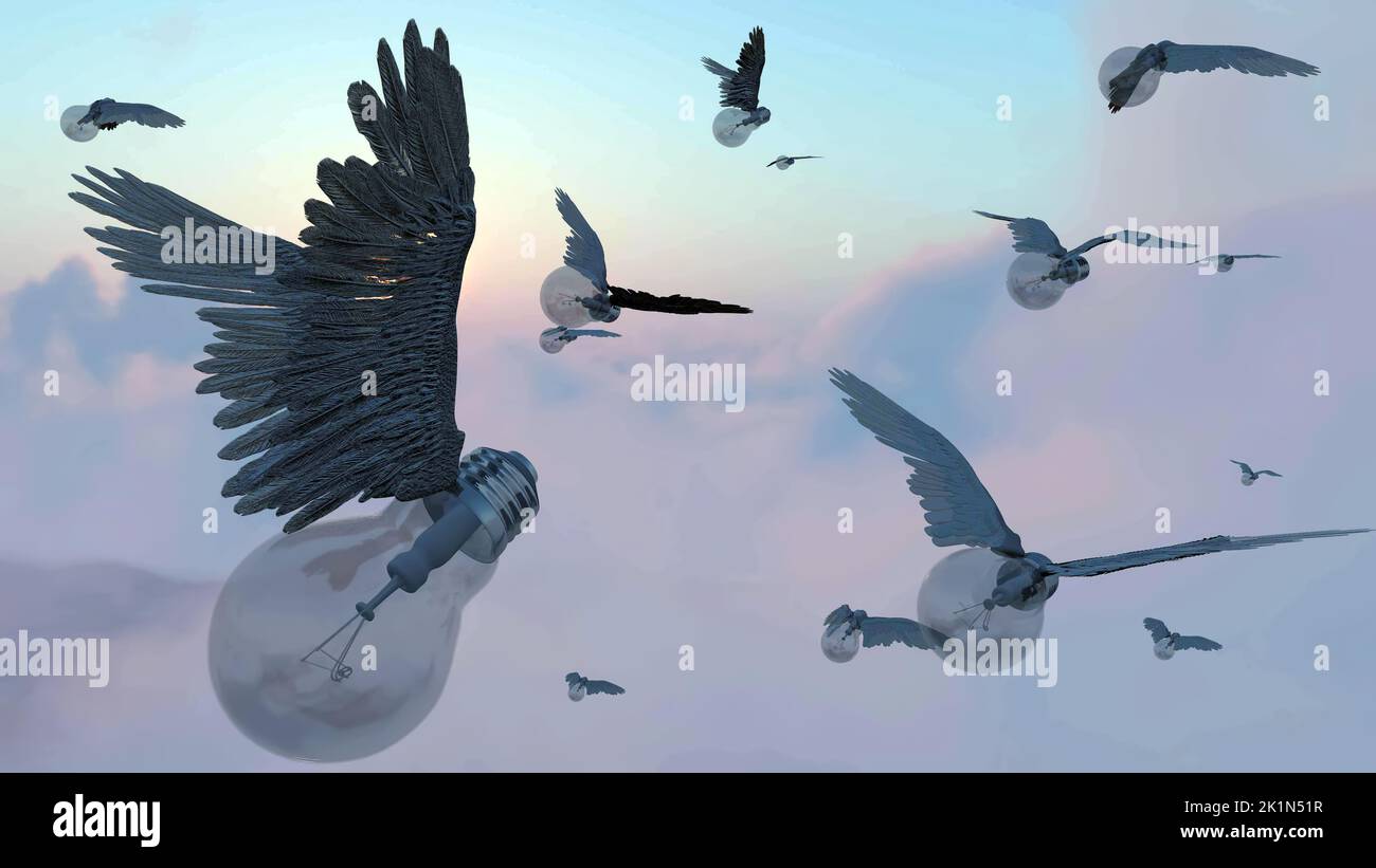 Geflügelte Ideen. Fliegende Glühbirnen in bewölktem Himmel. 3D Rendern Stockfoto