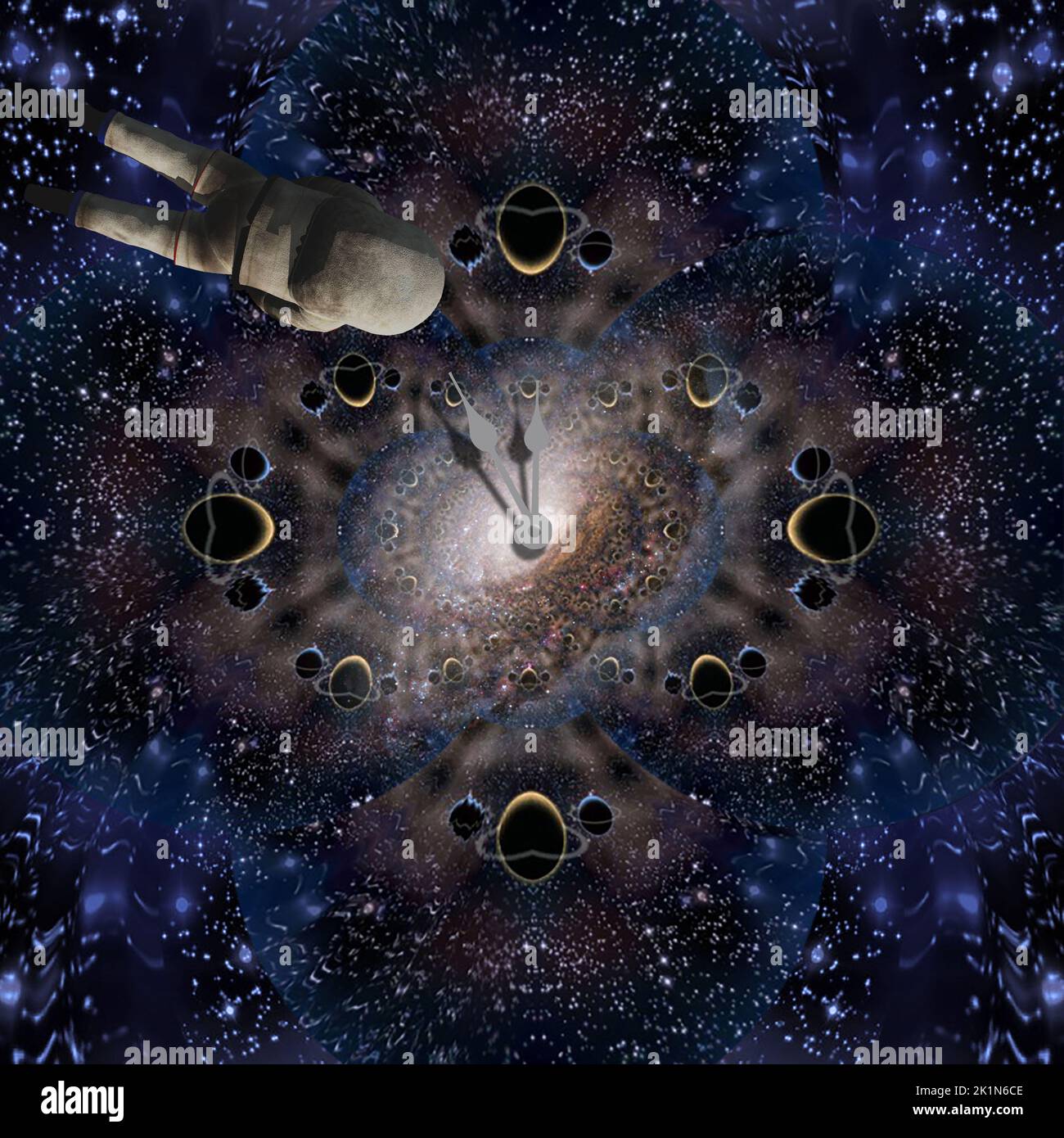 Planetarische Fraktal- und Uhrenzeiger. 3D Rendern Stockfoto