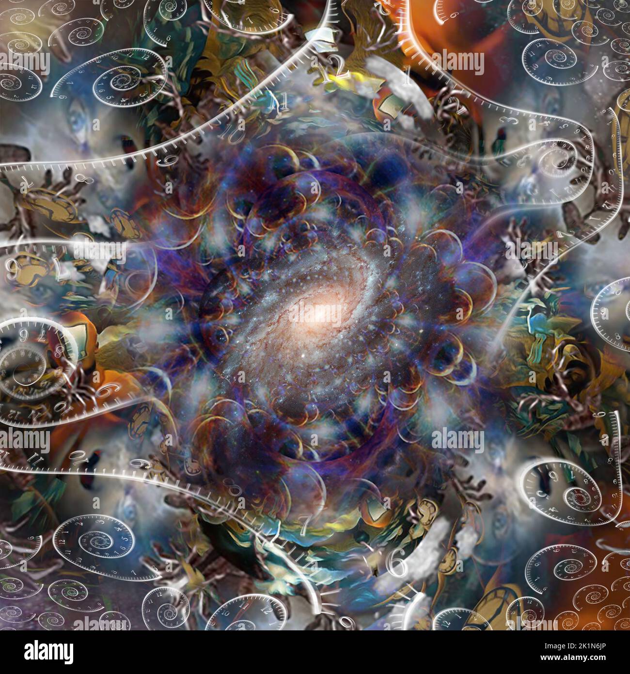Ewige Räume. Surreale Komposition mit Zeitspiralen. 3D Rendern Stockfoto