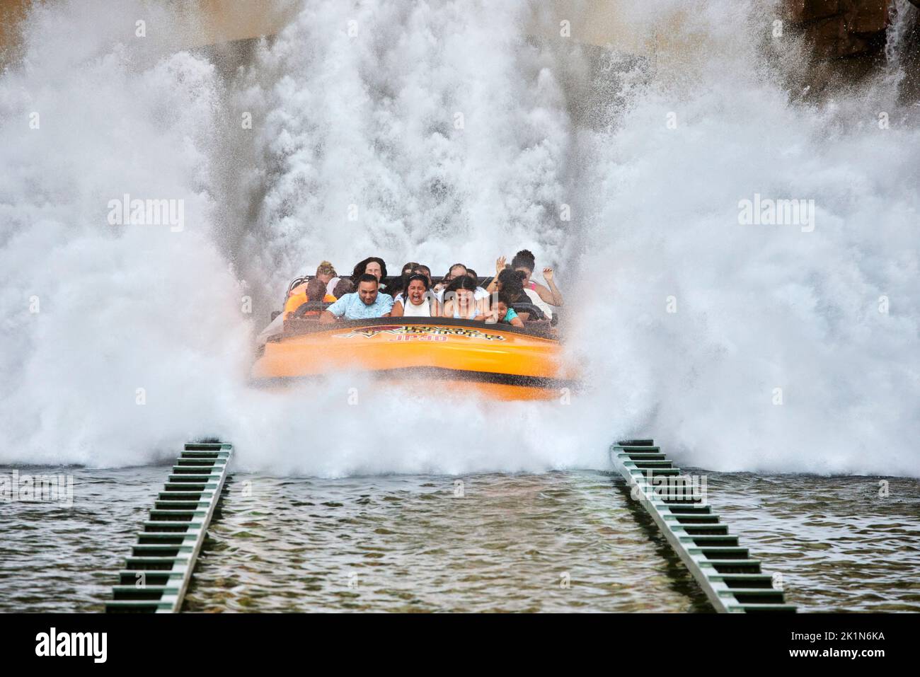 Universal Studios Florida Themenpark Jurassic Park River Adventure Wasserfahrt Stockfoto