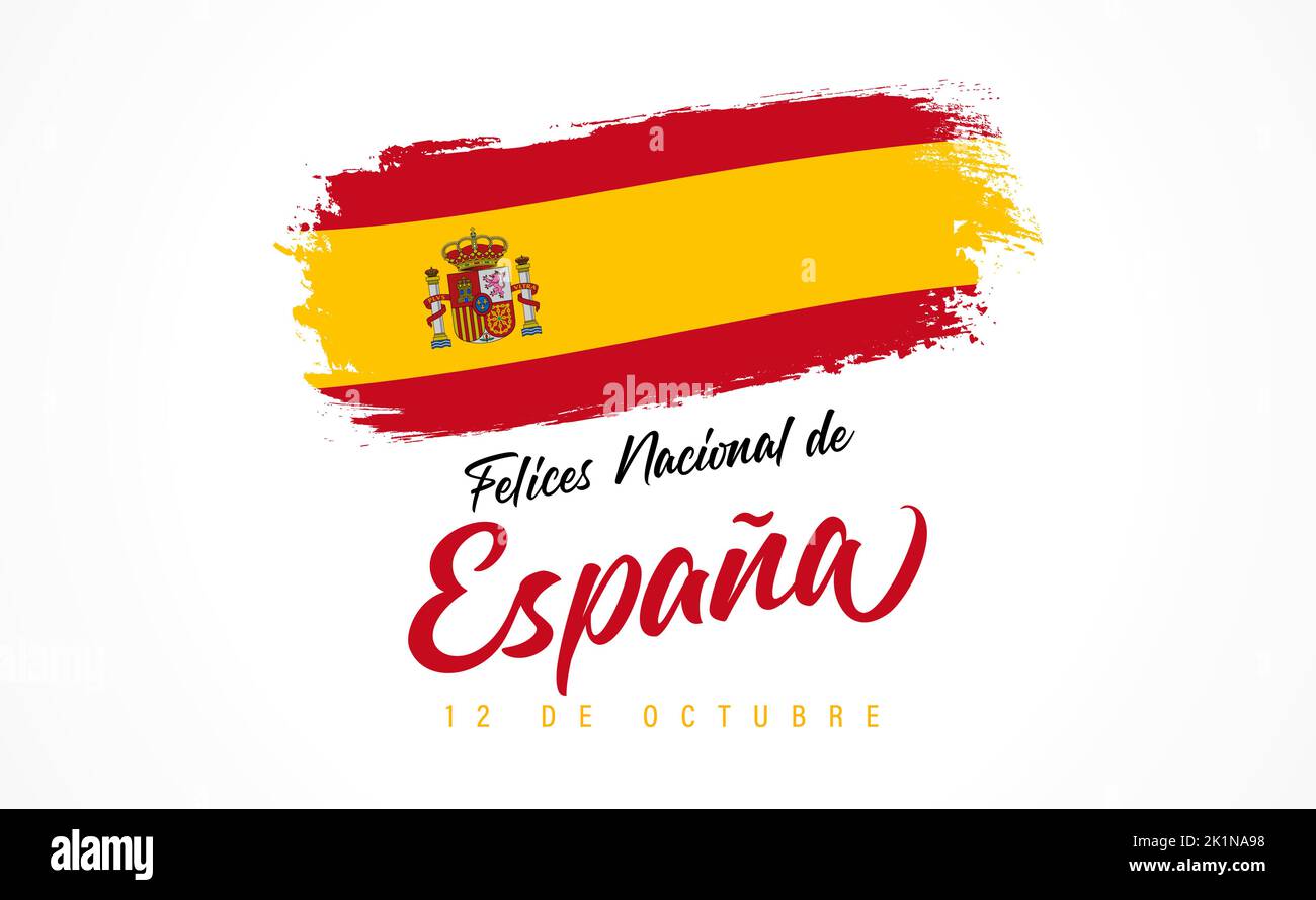 Fiesta Nacional de Espana, 12. Oktober, übersetzt - Nationalfeiertag Spaniens, 12. Oktober. Schwenkende spanische Flagge isoliert auf weißem Hintergrund. Vektorkarte Stock Vektor