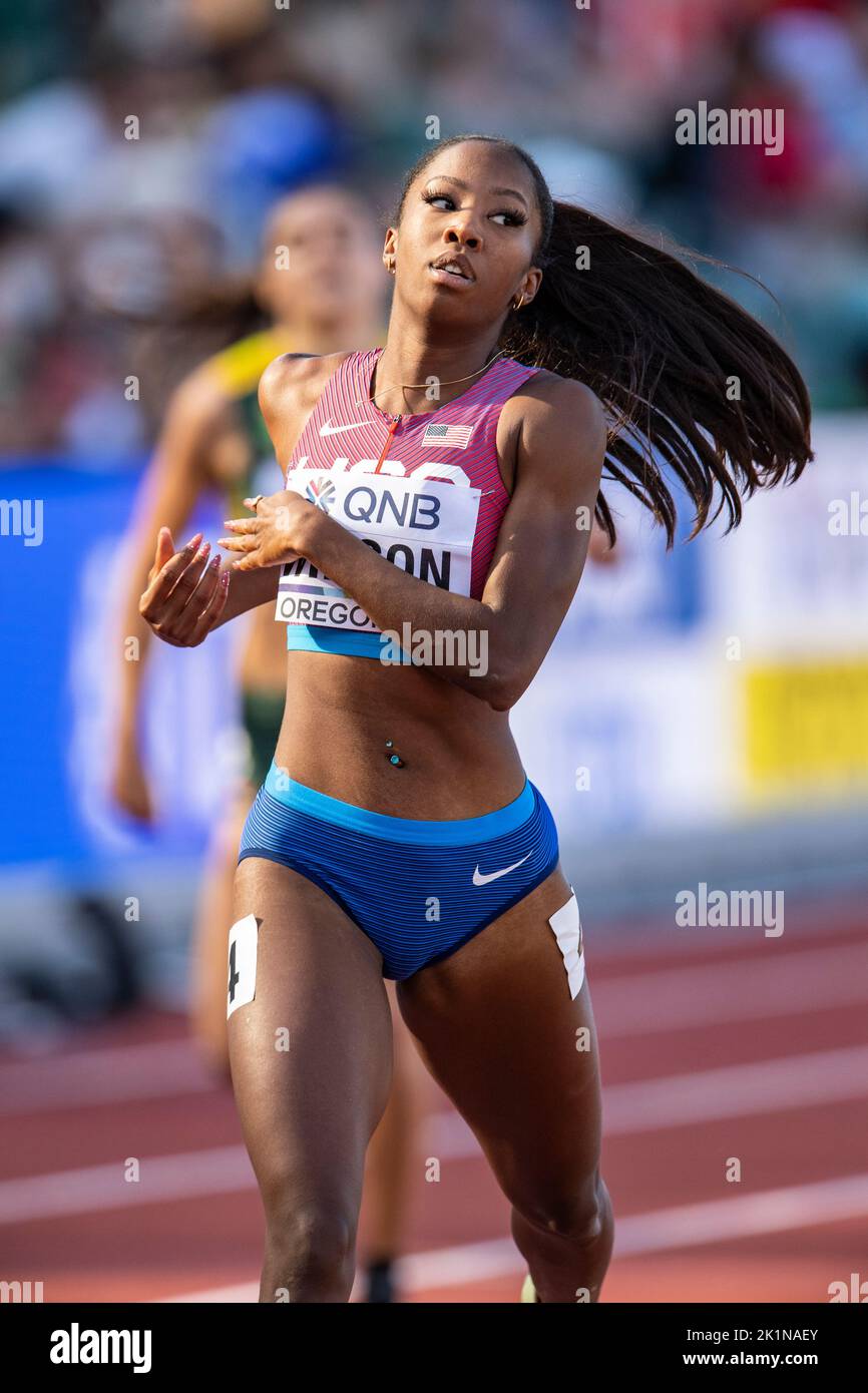 Britton Wilson aus den USA tritt bei den 400m Hürden der Frauen bei den Leichtathletik-Weltmeisterschaften, Hayward Field, Eugene, Oregon USA, auf der 19. Ju an Stockfoto