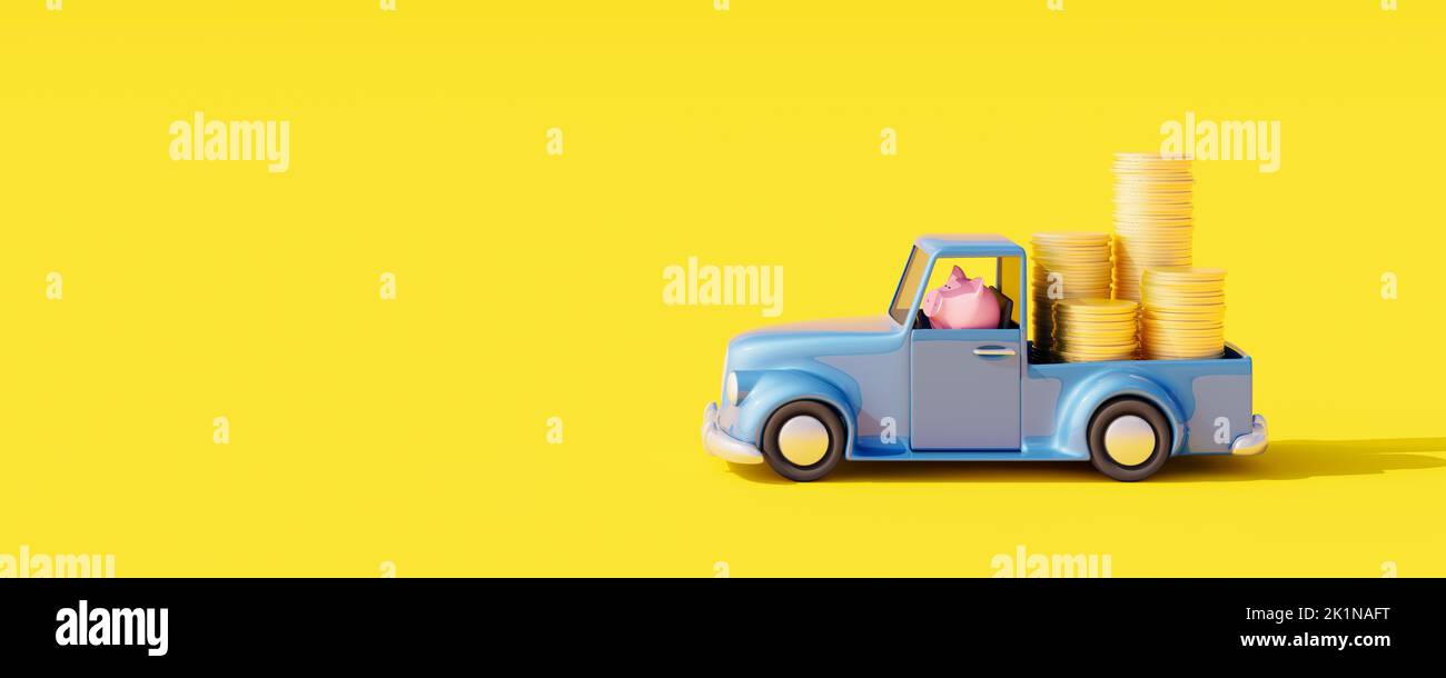 Spielzeugauto mit Sparschwein bringt Geld. Finanzierungskonzept auf gelbem Hintergrund 3D Render 3D Illustration Stockfoto