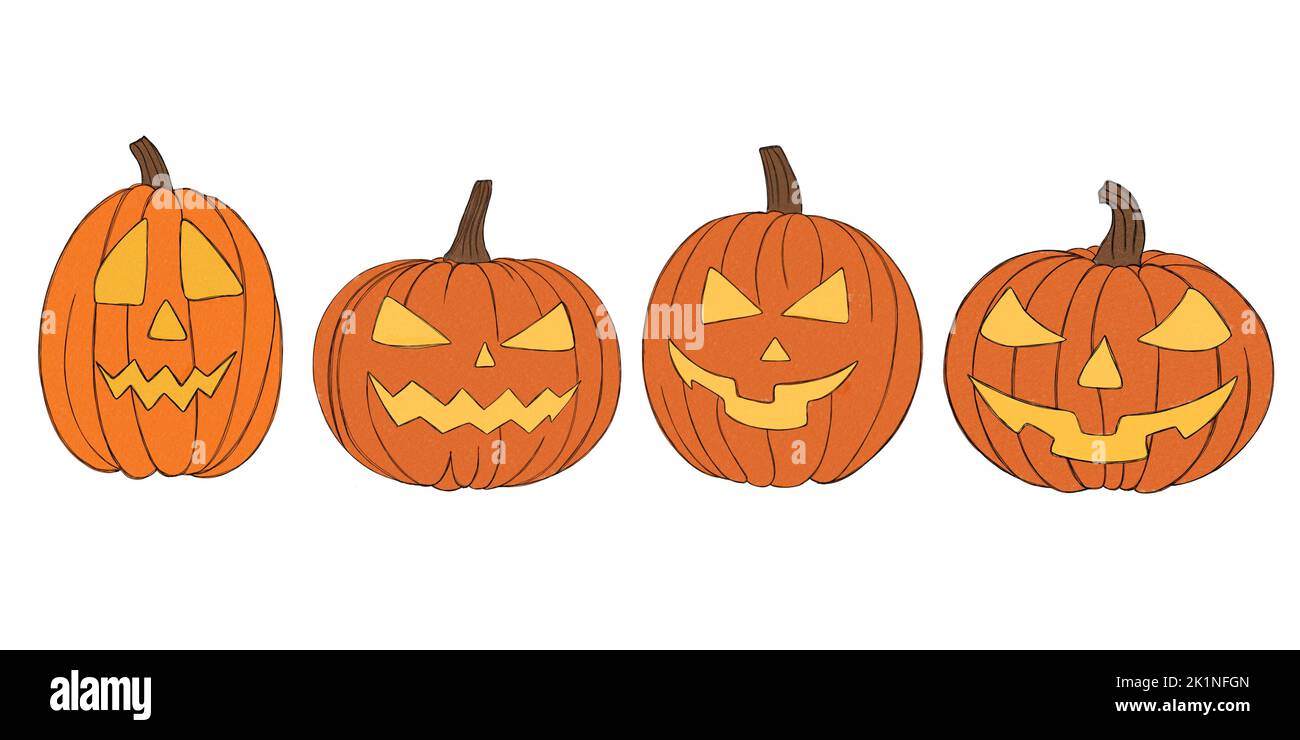 Setzen Sie Kürbis auf weißen Hintergrund. Orangefarbener Kürbis mit Lächeln für dein Design für den Feiertag Halloween. Stockfoto