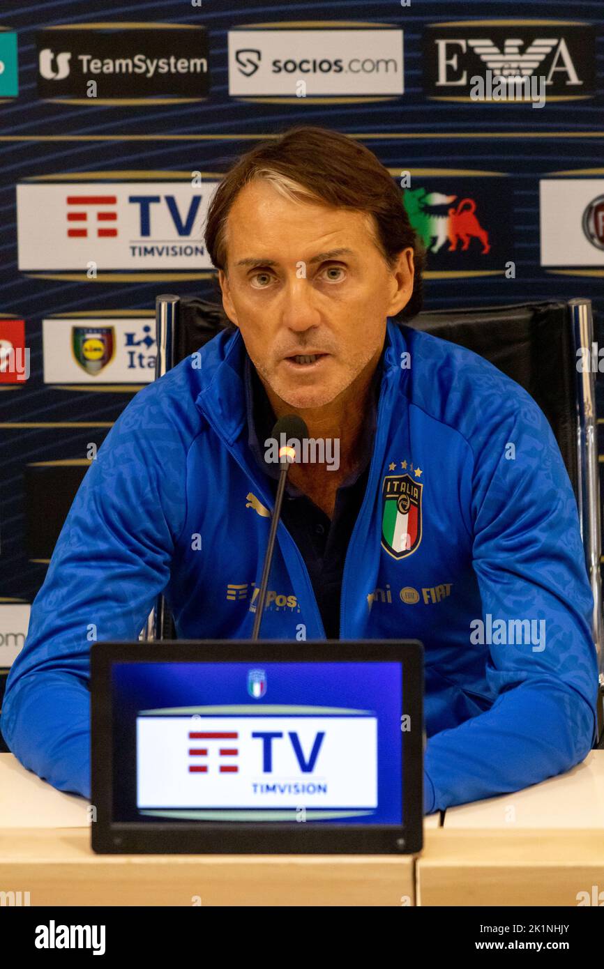 Centro Tecnico Federale di Coverciano, Florenz, Italien, 19. September 2022, Italien´s Cheftrainer Roberto Mancini Pressekonferenz während der Pressekonferenz und Italien Trainingseinheit - andere Stockfoto