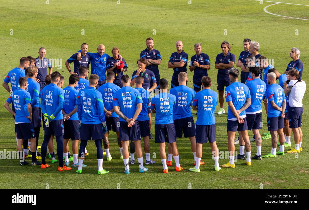 Centro Tecnico Federale di Coverciano, Florenz, Italien, 19. September 2022, Italien´s Cheftrainer Roberto Mancini mit dem Team während der Pressekonferenz und Italien Trainingseinheit - andere Stockfoto