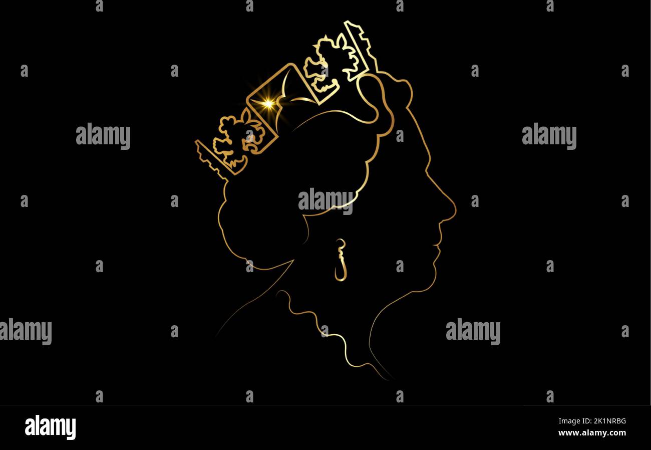 Symbol der goldenen Krone im Linienkunststil, Seitenprofil von Königin Elizabeth. Die Königin in Gold Porträt, Vektor-Illustration isoliert auf schwarz Stock Vektor
