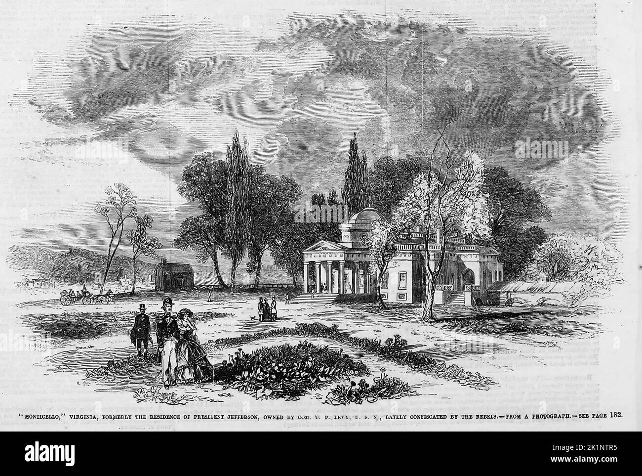 „Monticello“, Virginia, ehemals Residenz von Präsident Thomas Jefferson, im Besitz von Commander Uriah Phillips Levy, United States Navy, wurde kürzlich von den Rebellen konfisziert. Februar 1862. Illustration des amerikanischen Bürgerkriegs des 19.. Jahrhunderts aus Frank Leslie's Illustrated Newspaper Stockfoto