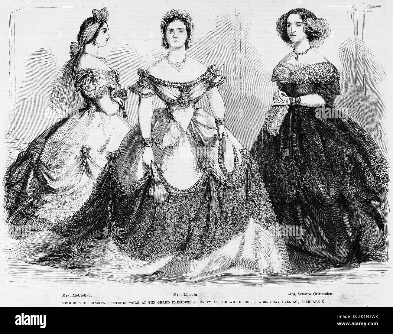 Einige der Hauptkostüme, die bei der Grand Presidential Party im Weißen Haus am 5.. Februar 1862 getragen wurden - Mrs. McClellan (Mary Ellen Marcy), Mrs. Lincoln (Mary Todd), Mrs. Senator Crittenen. Illustration des amerikanischen Bürgerkriegs des 19.. Jahrhunderts aus Frank Leslie's Illustrated Newspaper Stockfoto