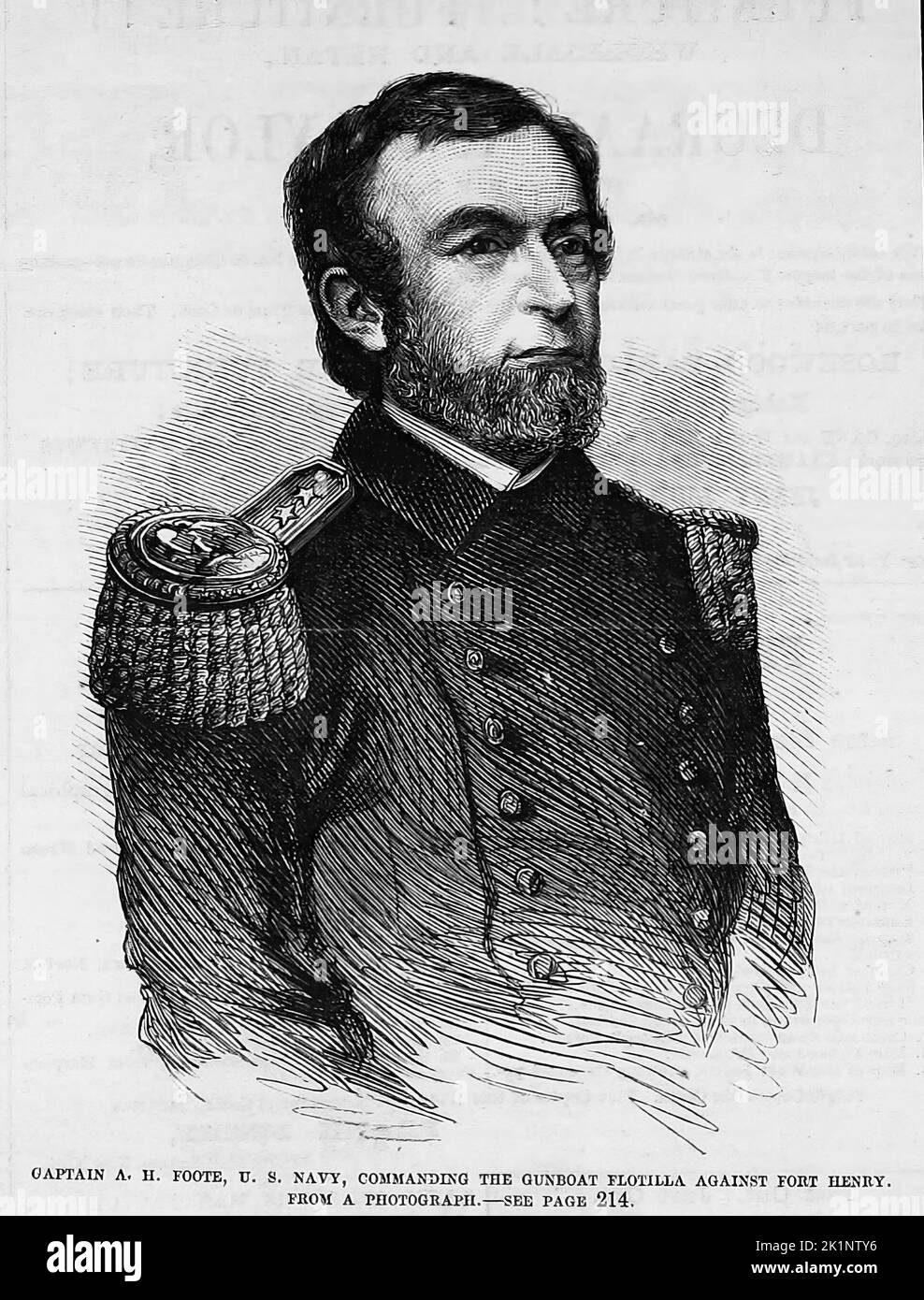 Porträt von Kapitän Andrew Hull Foote, U. S. Navy, der die Kanonenboot-Flottille gegen Fort Henry befehlige. 1862. 19. Jahrhundert American Civil war Illustration aus Frank Leslie's Illustrated Newspaper Stockfoto