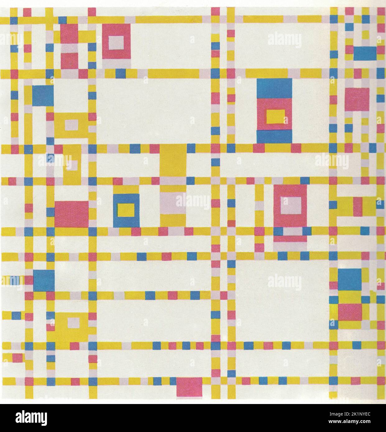 Piet Mondrian, Broadway Boogie Woogie, 1942-43. Broadway Boogie Woogie lässt Schwarz aus und zerbricht Mondrians einst einheitliche Farbbalken in bunte Segmente. Diese winzigen, blinkenden Farbblöcke, die gegeneinander prallen, erzeugen einen vitalen und pulsierenden Rhythmus, eine optische Schwingung, die wie der Verkehr auf den Straßen von New York von Kreuzung zu Kreuzung springt. Gleichzeitig wird das Bild sorgfältig kalibriert, seine Farben mit grauen und weißen Blöcken durchsetzt. Mondrians Wertschätzung für Boogie-Woogie mag zum Teil aus der Tatsache entstanden sein, dass er seine Ziele als analog zu seinen eigenen sah: Stockfoto