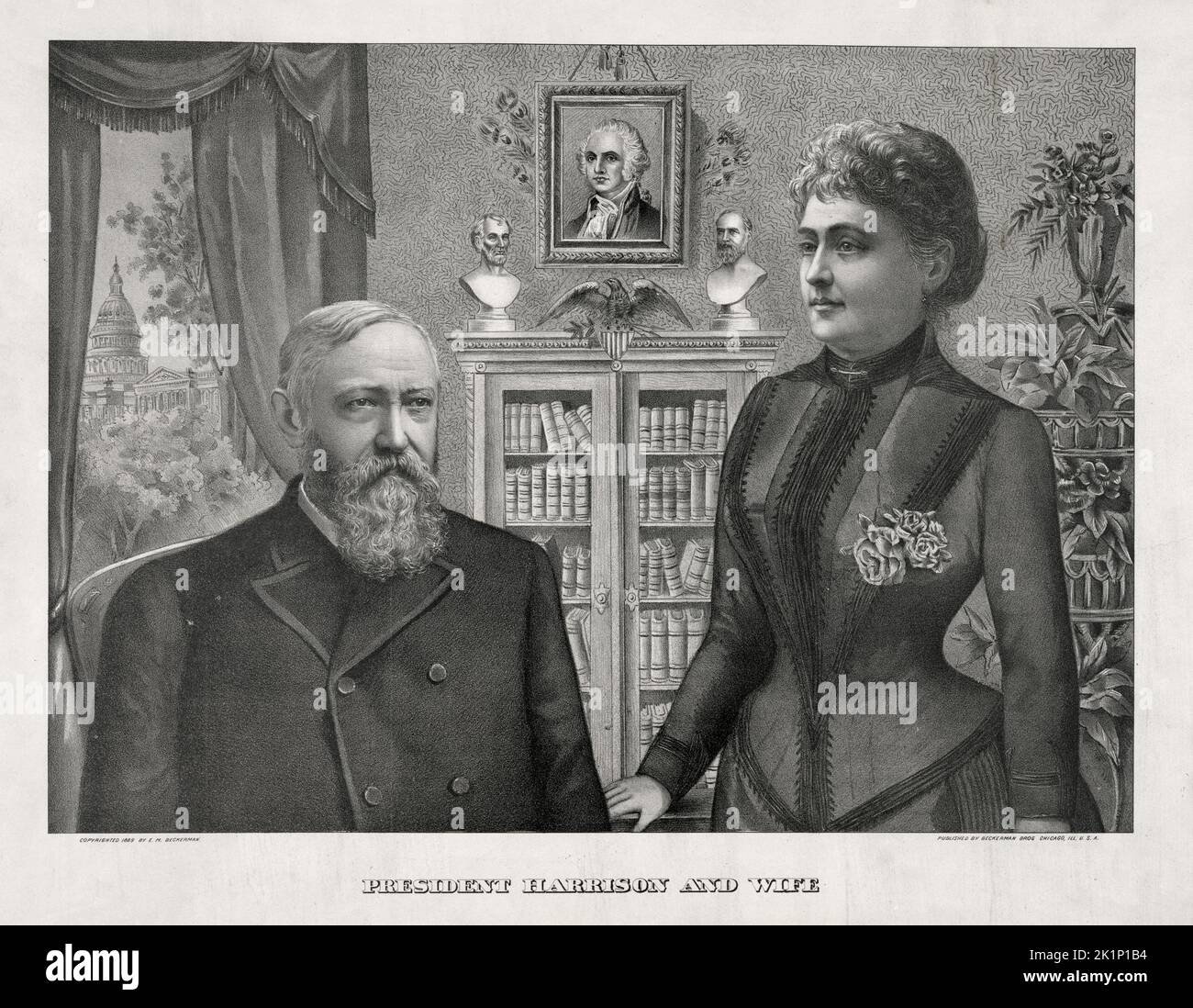 Ein Stich von US-Präsident Benjamin Harrison und seiner Frau Caroline Scott Harrison, die 1892 an TB starb. Stockfoto