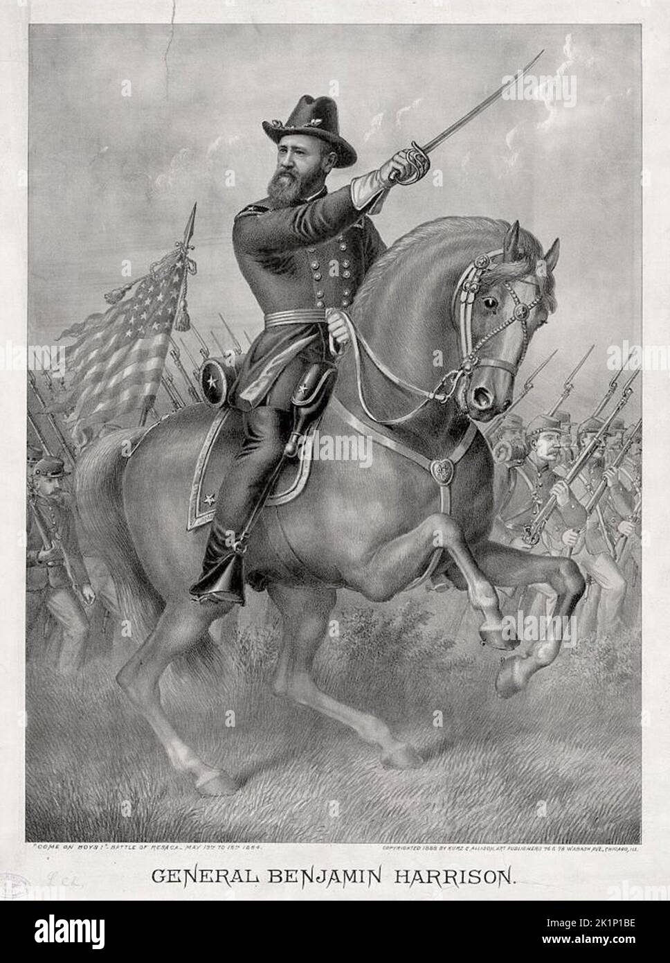 Ein Stich von Präsident Benjamin Harrison während der Schlacht von Resaca, die die Indiana 70. im Mai 1864 führte. Harrison war 31 Jahre alt und ein Oberst zu der Zeit. Stockfoto