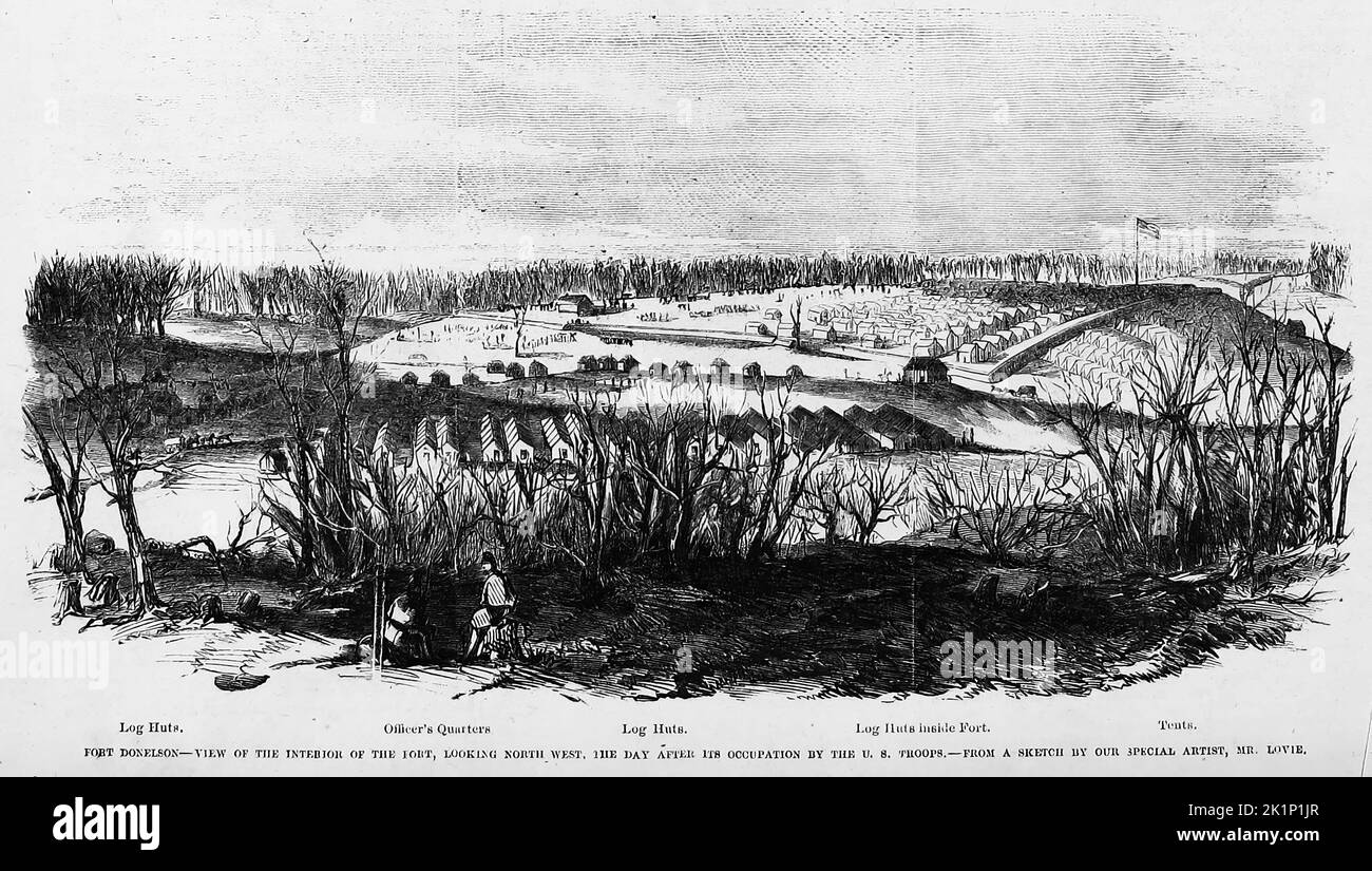 Fort Donelson, Tennessee - Blick auf das Innere des Forts, Blick nach Nordwesten, am Tag nach seiner Besetzung durch die US-Truppen. Februar 1862. Illustration des amerikanischen Bürgerkriegs des 19.. Jahrhunderts aus Frank Leslie's Illustrated Newspaper Stockfoto