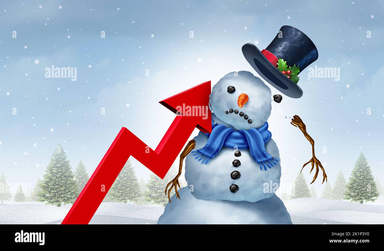 Das Konzept der Schmerzen bei der steigenden Inflation im Winter, wenn ein Schneemann von einem nach oben schiefen Pfeil der Finanzchart, der steigende Verbraucherpreise und t darstellt, hart getroffen wird Stockfoto