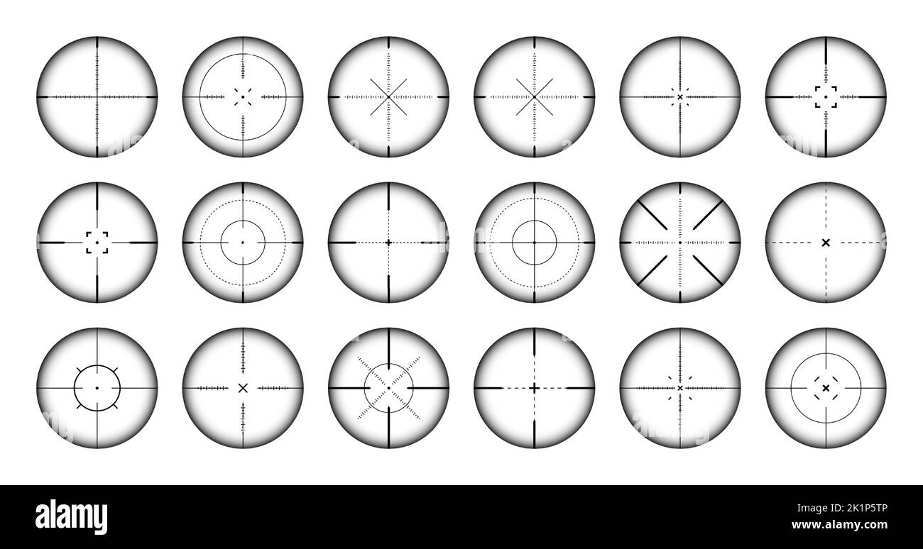 Verschiedene Waffenvisiere, Scharfschützengewehr optische Scopes. Jagdgewehr-Sucher mit Fadenkreuz. Ziel, schießen Marke Symbol. Militärisches Zielzeichen, Silhouette Stock Vektor