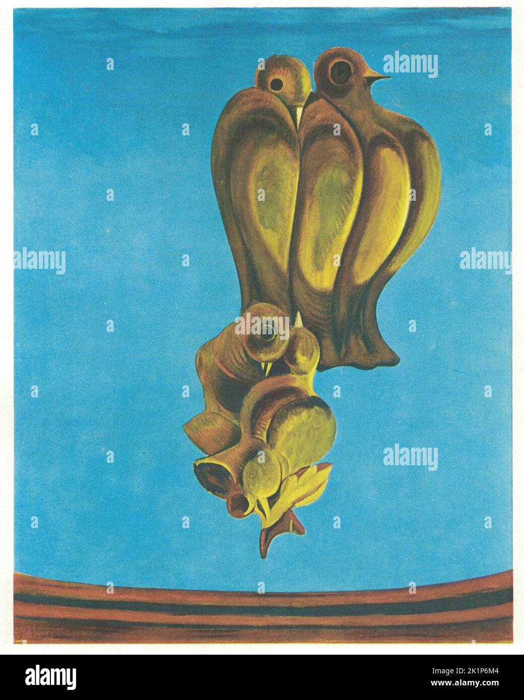 Das Vogeldenkmal, 1927. Gemälde von Max Ernst. Max Ernst (2. April 1891 – 1. April 1976) war ein deutscher Maler, Bildhauer, Grafiker, Grafiker und Dichter (1948 US-Amerikaner und 1958 Franzosen). Als produktiver Künstler war Ernst ein erster Pionier der Dada-Bewegung und des Surrealismus in Europa. Er hatte keine formale künstlerische Ausbildung, aber seine experimentelle Haltung gegenüber der Herstellung von Kunst führte zu seiner Erfindung der Frottage – einer Technik, die Bleistiftabreibungen von strukturierten Objekten und Reliefflächen verwendet, um Bilder zu schaffen – und der Grattage, einer analogen Technik, bei der Farbe über canv geschabt wird Stockfoto