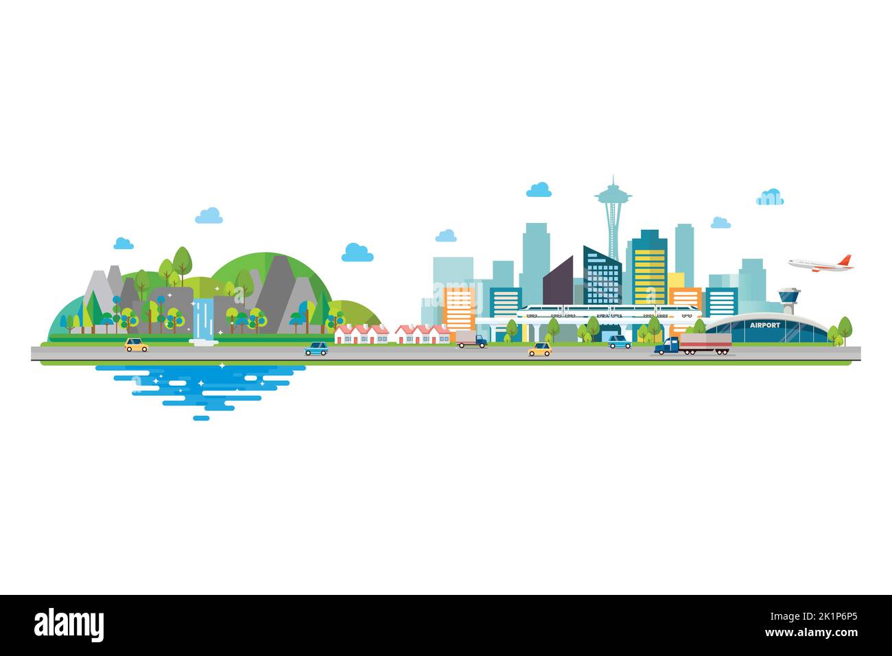 Stadtbild mit Infrastruktur und Naturlandschaft. Vektorgrafik Stock Vektor