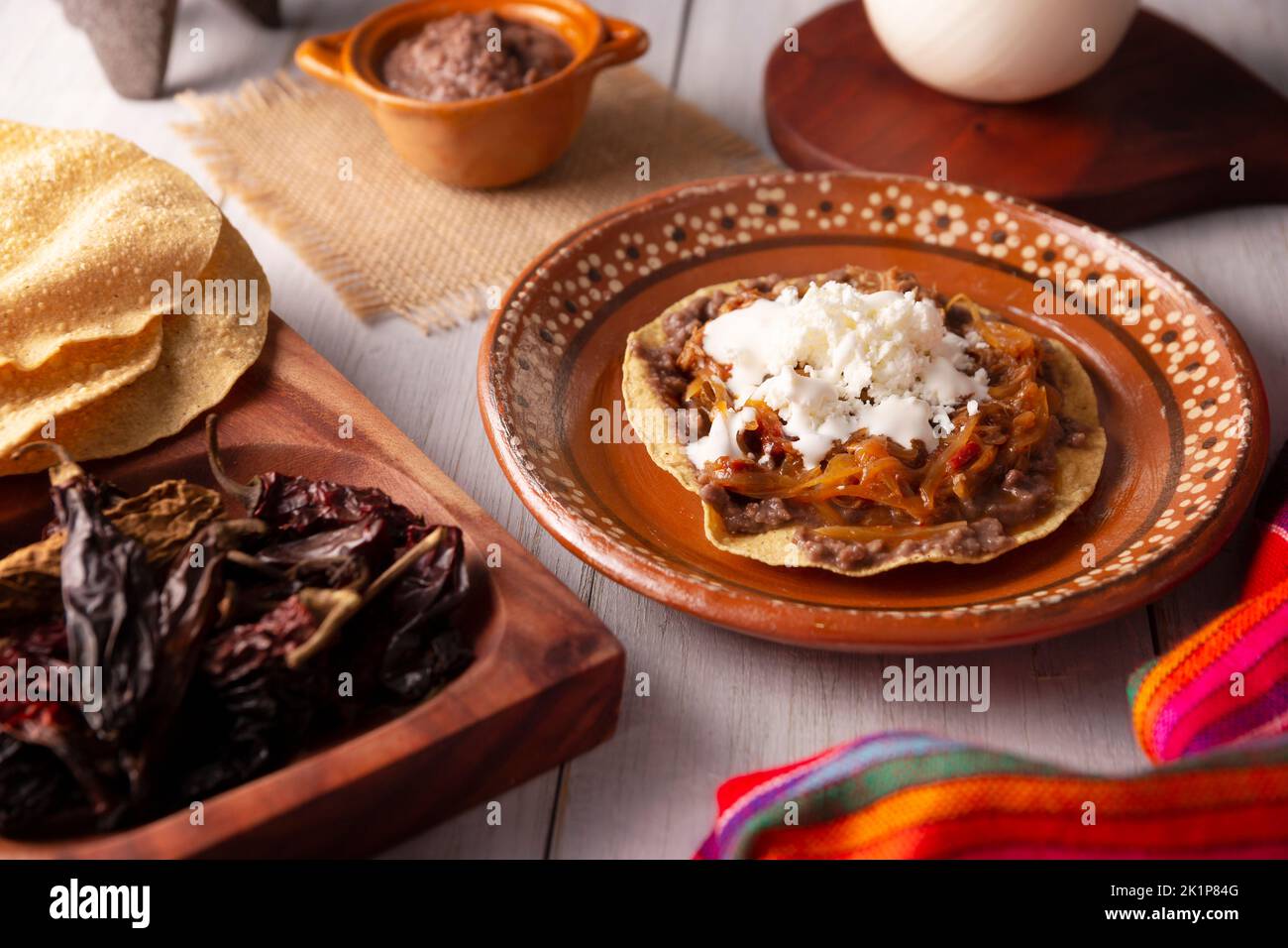 Tostada de Tinga de Res. Typisch mexikanisches Gericht, das hauptsächlich mit geschreddertem Rindfleisch, Zwiebeln und getrockneten Chilischoten zubereitet wird. Es ist üblich, es auf Mais-Tortill zu servieren Stockfoto