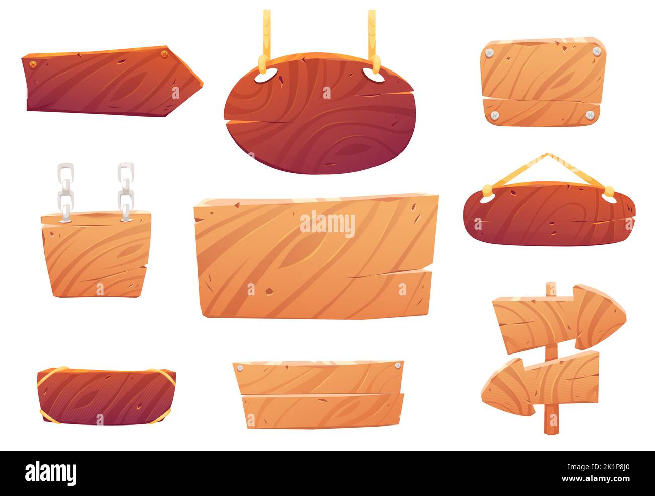 Alte Schilder aus hellem und braunem Holz, Straßenzeiger auf Stange, hängende ovale Bretter an Kette und Seil. Hölzerne Schilder isoliert auf weißem Hintergrund, Vektor-Cartoon-Set Stock Vektor