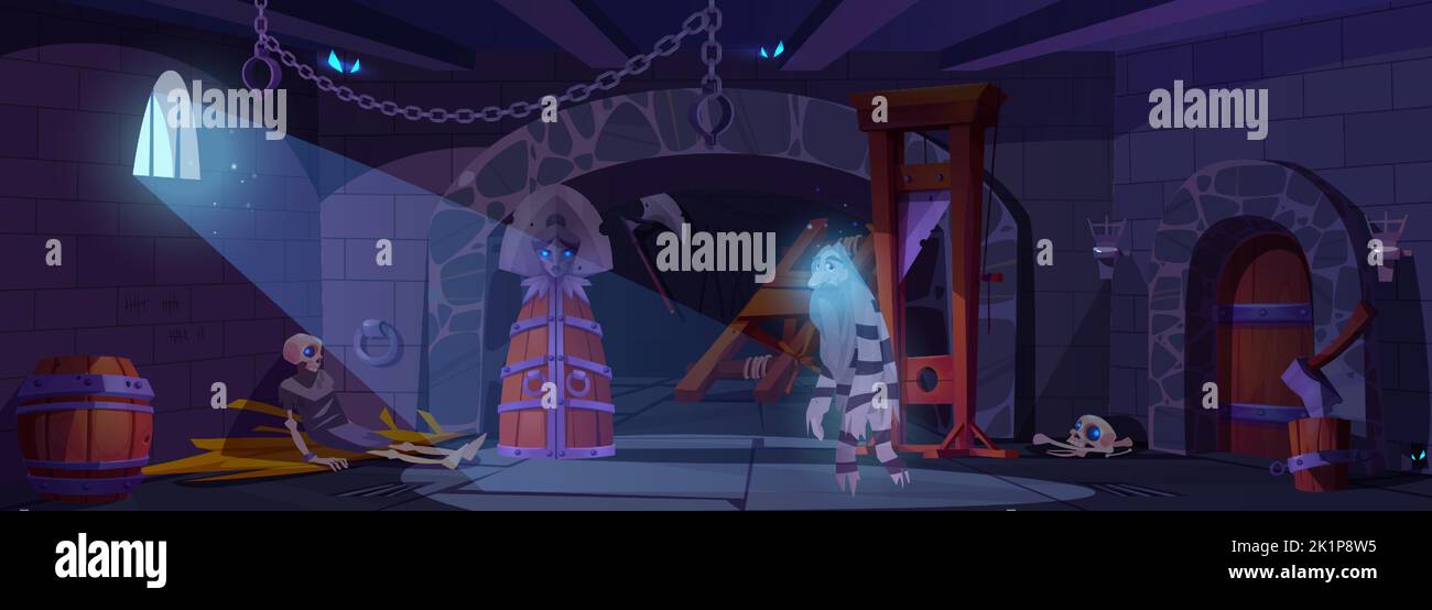 Geist des Gefangenen im mittelalterlichen Folterraum mit Henkerwerkzeugen. Trauriger Spuk im gestreiften Gewand im Kerker-Innenraum mit hängenden Ketten, eiserner Frau und Guillotine, Spielszene, Cartoon-Vektor-Illustration Stock Vektor