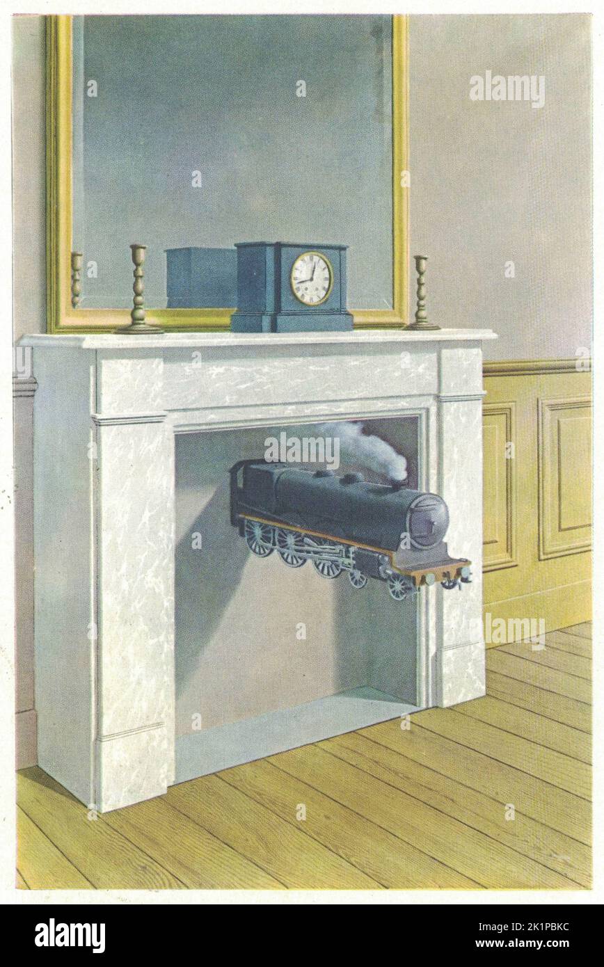 Time Transfixed (La Durée poignardée), 1938, Öl auf Leinwand. Gemälde von René Magritte. René Magritte ( 21. November 1898 – 15. August 1967) war ein belgischer Surrealist, der bekannt wurde, weil er eine Reihe witziger und zum Nachdenken anregender Bilder schuf. Seine Arbeiten, die oft gewöhnliche Objekte in einem ungewöhnlichen Kontext darstellen, sind dafür bekannt, dass sie die vorkonditionierten Realitätswahrnehmungen von Beobachtern herausfordern. Seine Bilder haben die Pop-Art, die minimalistische Kunst und die Konzeptkunst beeinflusst Stockfoto