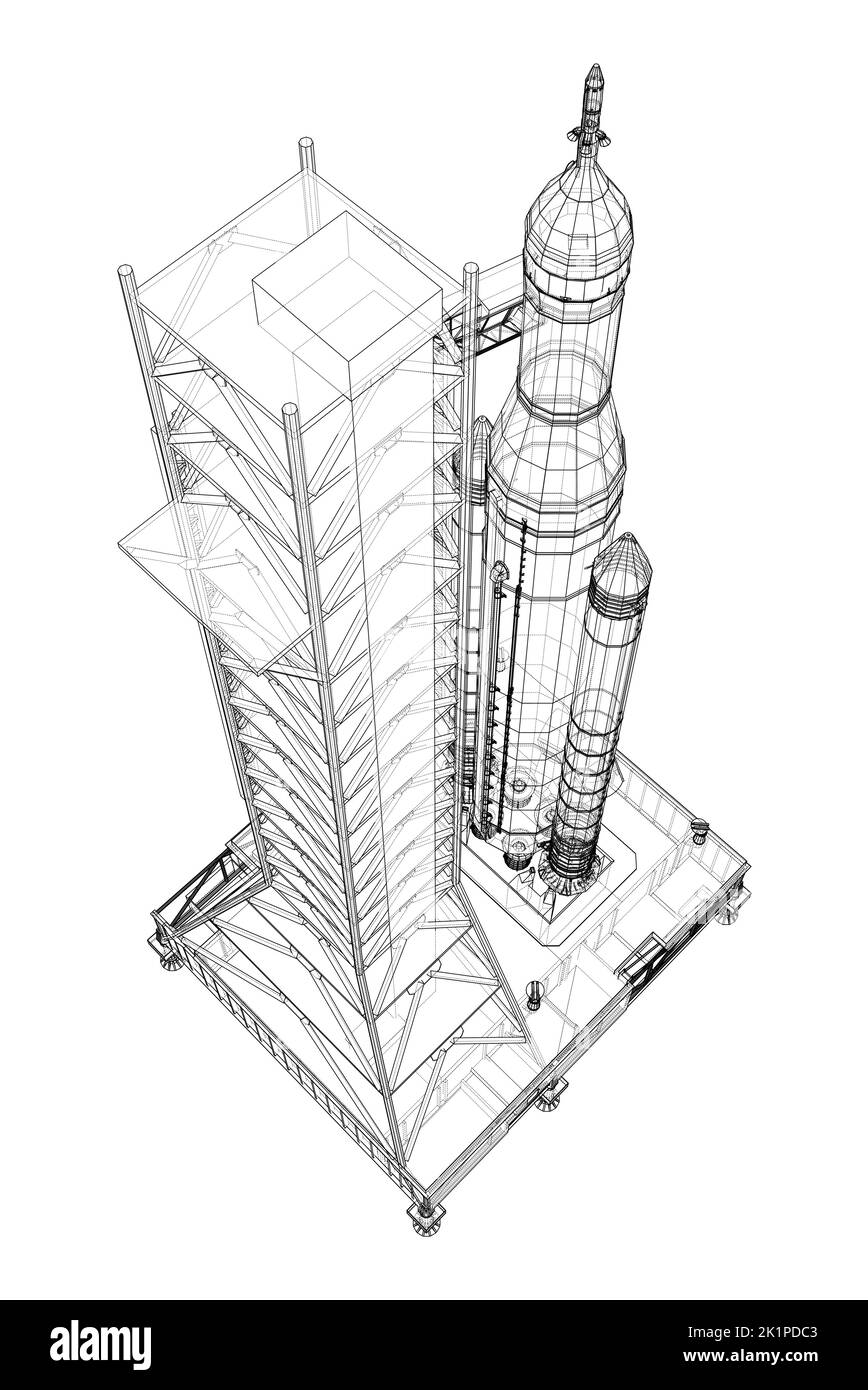Space Rocket auf der Startrampe. Vektorrendering von 3D Stock Vektor
