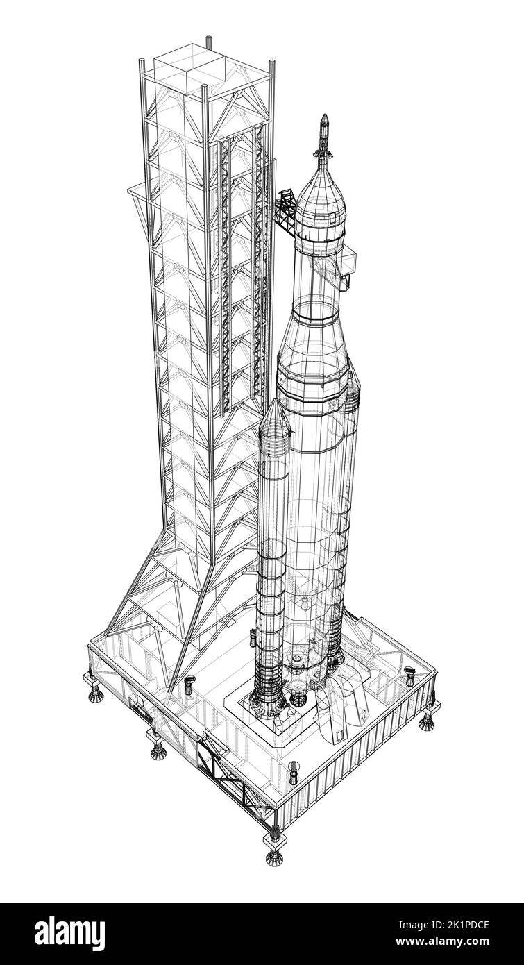 Space Rocket auf der Startrampe. Vektorrendering von 3D Stock Vektor