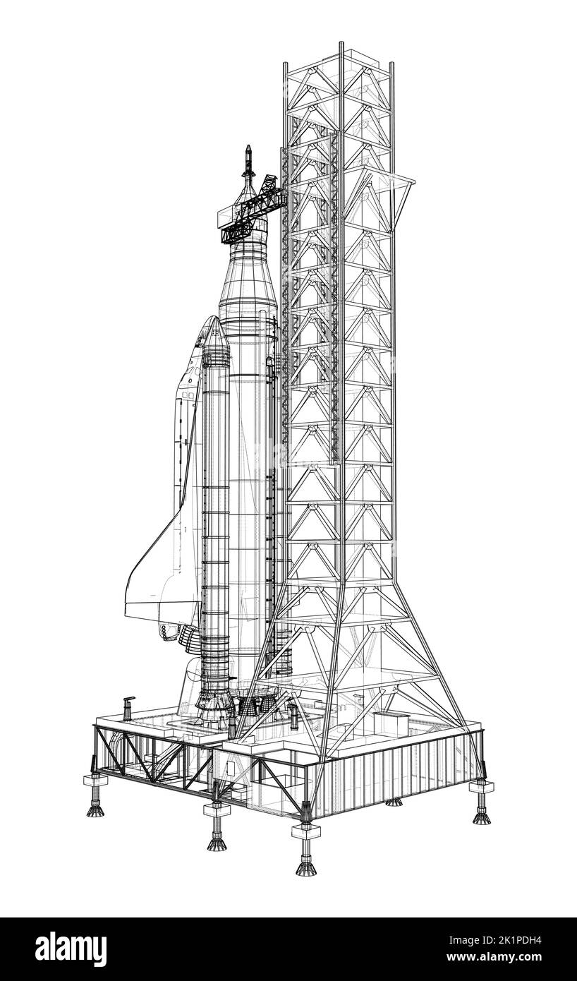 Space Rocket auf der Startrampe. Vektorrendering von 3D Stock Vektor