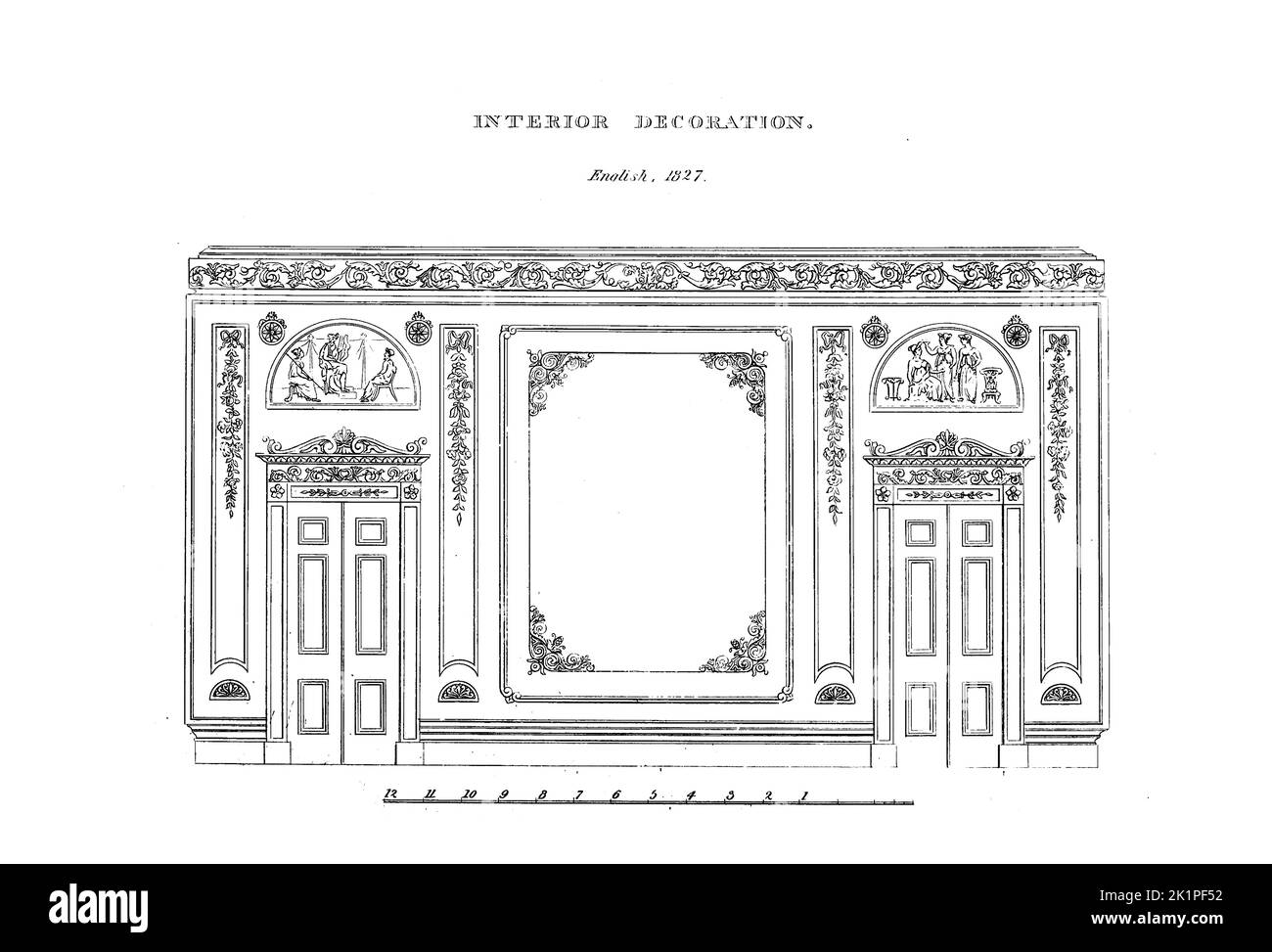 Innendekoration Engliah 1827 aus dem Handbuch des Schrankmachers und Polsterers : ein vollständiges Zeichenbuch, in dem Abhandlungen über Geometrie und Perspektive, wie sie für die oben genannten Zweige der Mechanik gelten, durch zahlreiche Gravuren neuer und origineller Designs für Haushaltsmöbel illustriert werden, And interior decoration beautifully and correctly colored von Smith, George, 1808-1899 Erscheinungsdatum 1826 Herausgeber/Verlag London : Jones and Co. Stockfoto