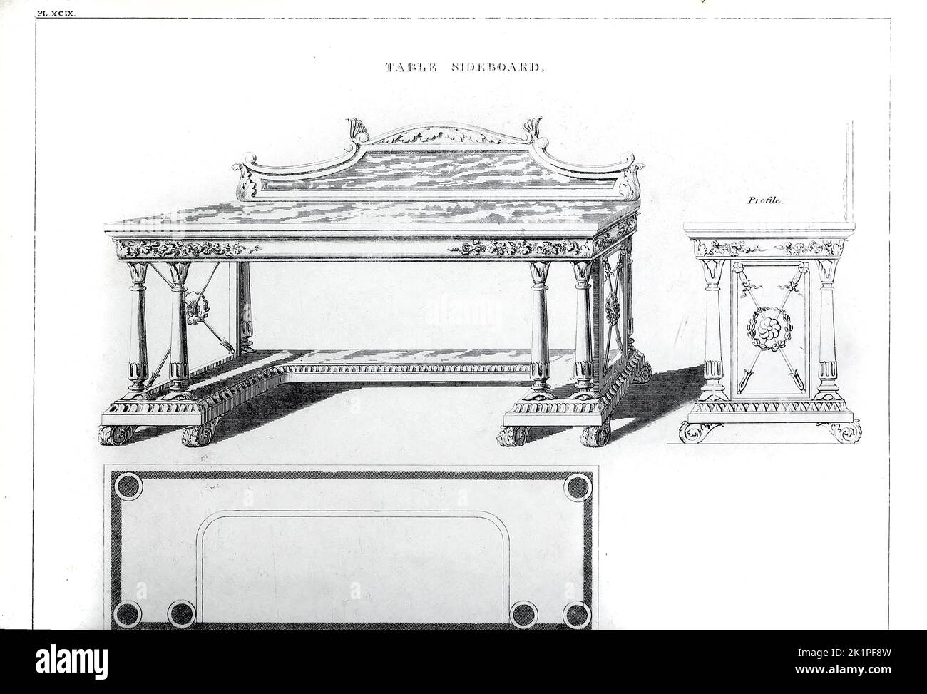 Tisch Sideboard aus dem Handbuch des Schrankmachers und Polsterers : ein komplettes Zeichnungsbuch, in dem Abhandlungen über Geometrie und Perspektive enthalten sein werden, wie sie auf die oben genannten Zweige der Mechanik anwendbar sind, illustriert durch zahlreiche Gravuren neuer und origineller Designs für Haushaltsmöbel, And interior decoration beautifully and correctly colored von Smith, George, 1808-1899 Erscheinungsdatum 1826 Herausgeber/Verlag London : Jones and Co. Stockfoto