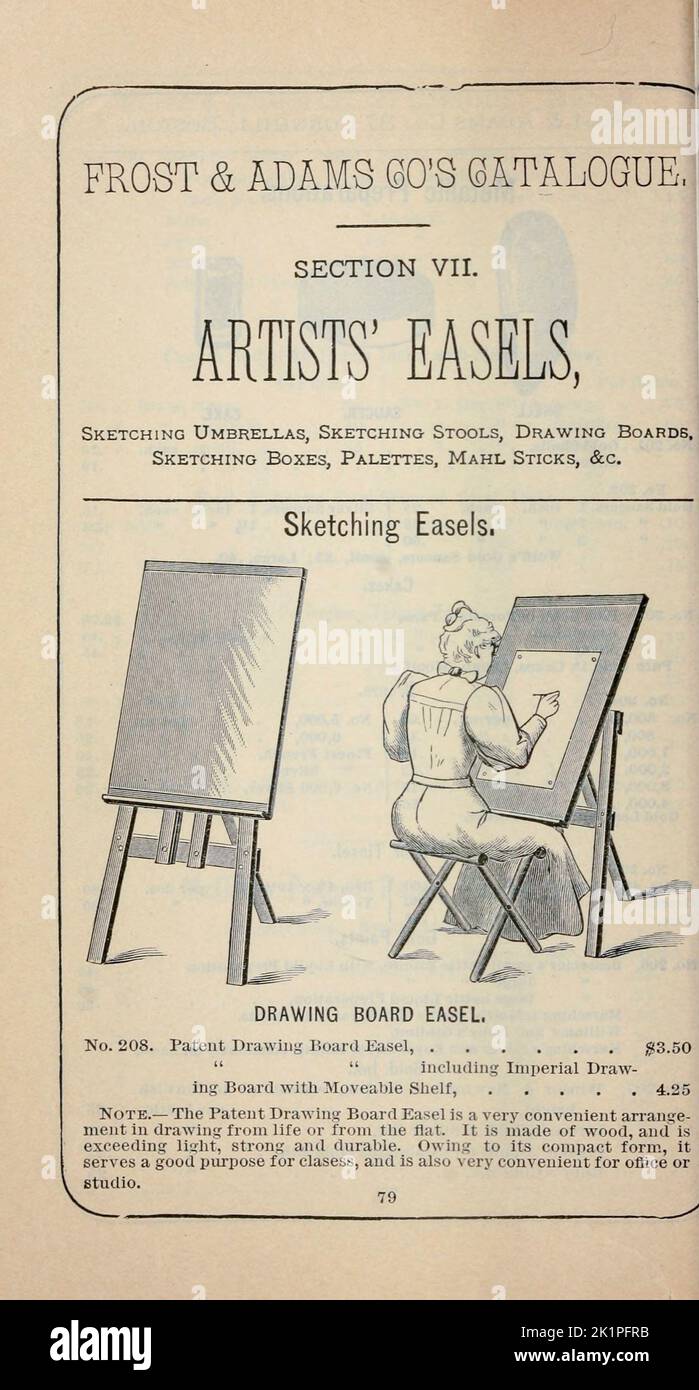 Artists' Easels aus dem Beschreibenden Katalog von Künstlermaterialien, Entwurfspapieren, Tracing Cloth und mathematischen Instrumenten. Von Frost & Adams Co. Erscheinungsdatum 1898 Stockfoto