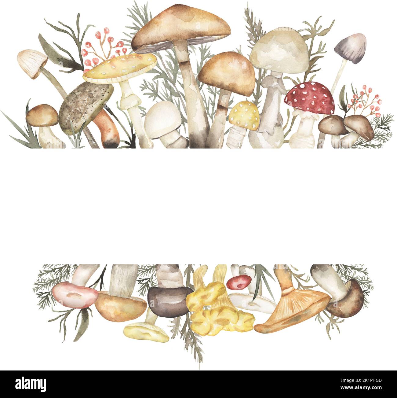 Aquarell Pilz Rahmen, Herbststrauß mit Waldblättern, Ästen und Pilzen . Pilzkranz mit Blumendruck. Stockfoto