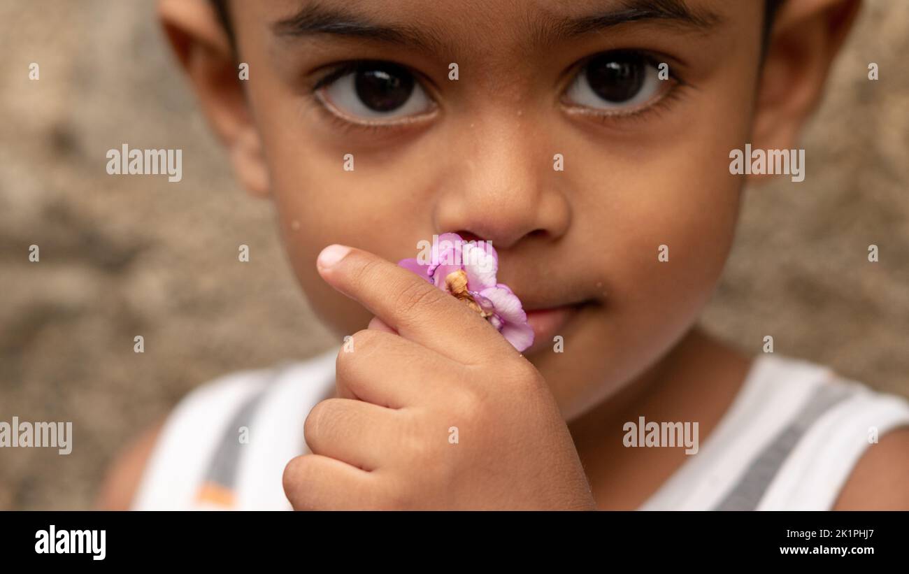 Ein süßes südostasiatisches Kind in einem T-Shirt schnüffelt Blumen nahe der Wand. Stockfoto