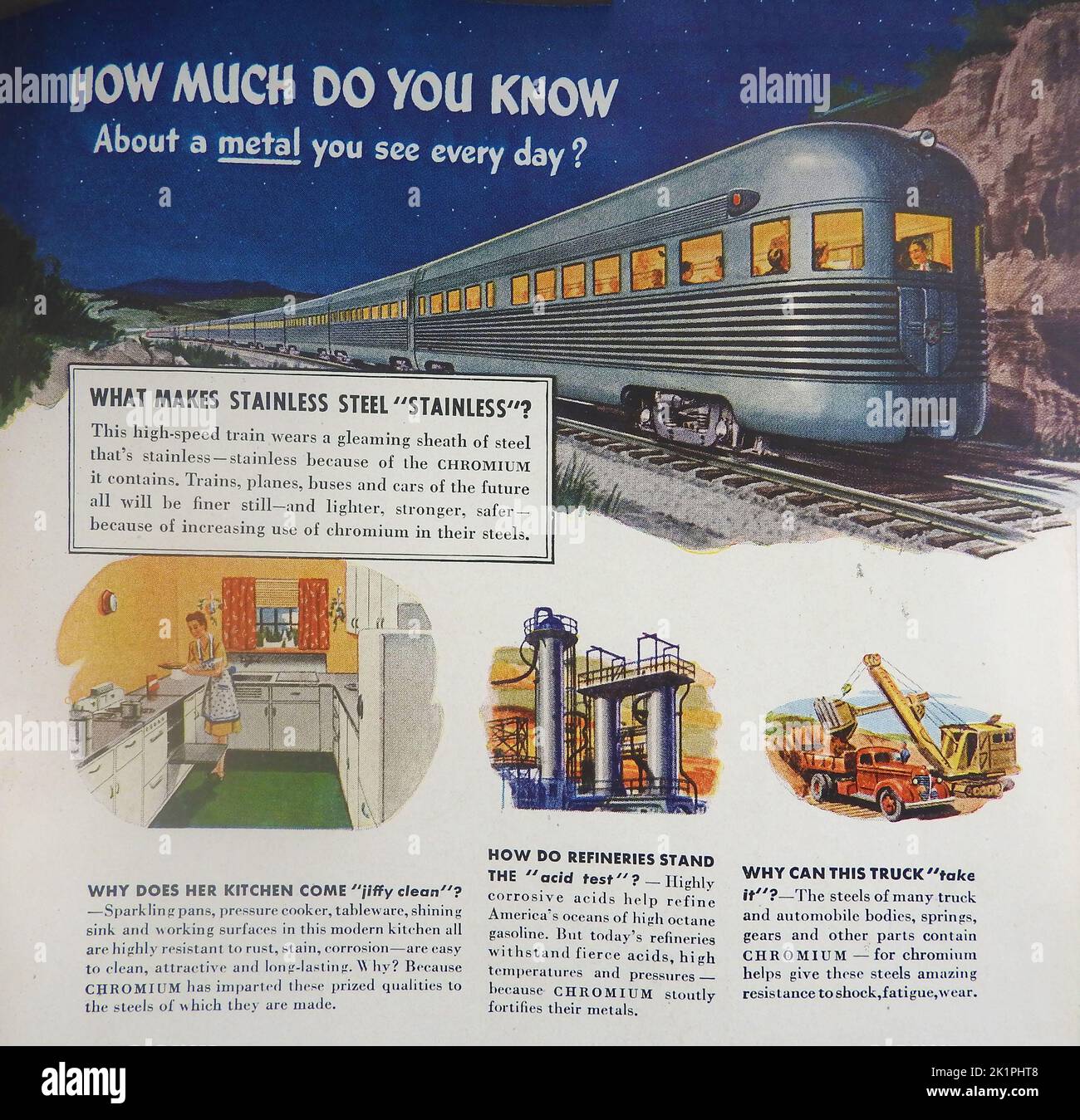 Eine amerikanische Werbung für den öffentlichen Dienst nach dem Krieg der 40er Jahre über die Verwendung von Cromium und Edelstahl. Stockfoto
