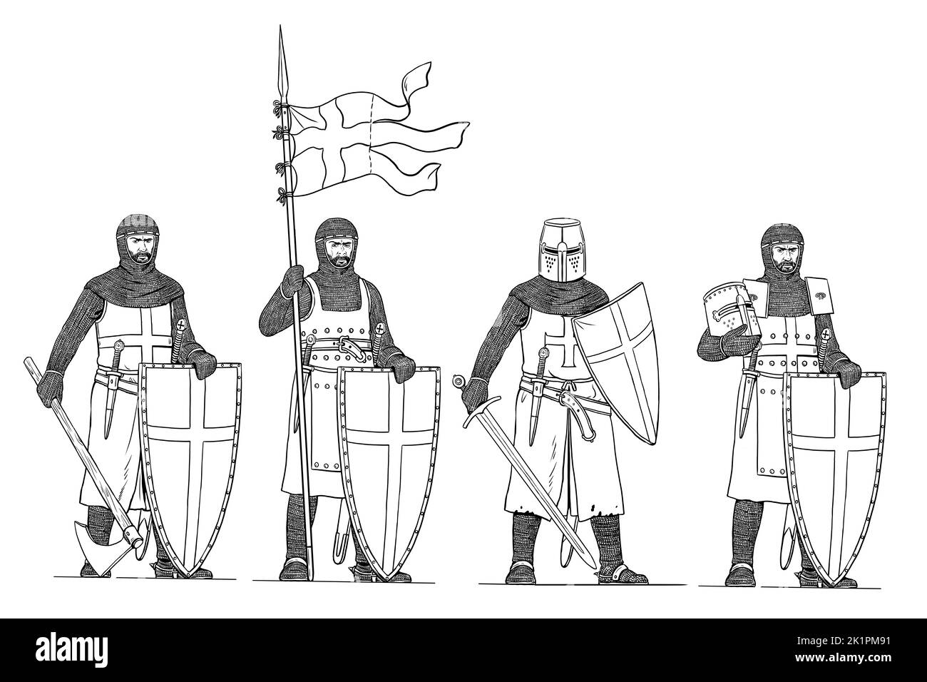 Mittelalterliche Ritterzeichnung. Set mit Kreuzritzern. Templer und Ritter Hospitalier. Stockfoto