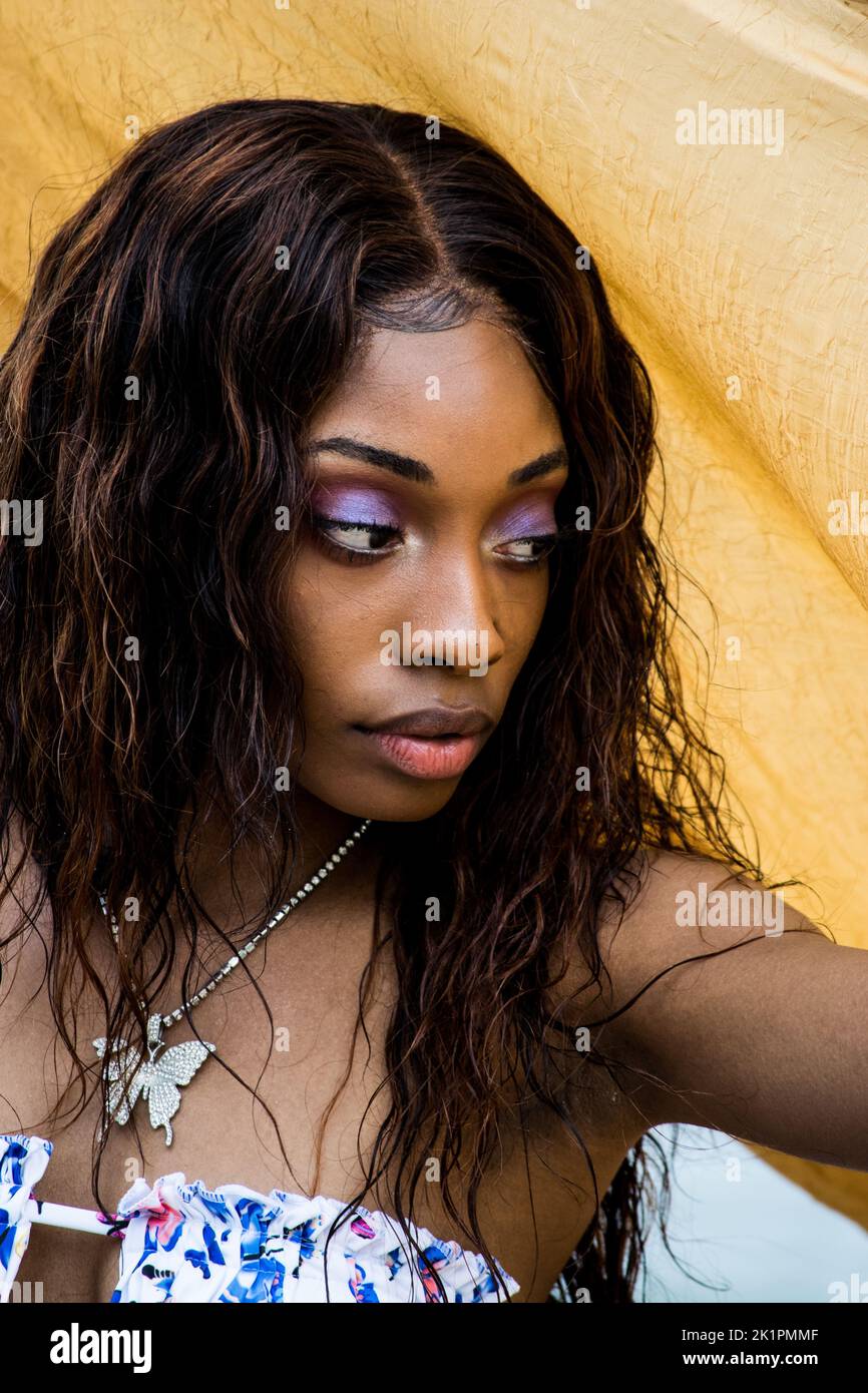 Eine vertikale Aufnahme eines schwarzen Weibchens mit schönem Make-up und einer haaraussehenden Seite Stockfoto