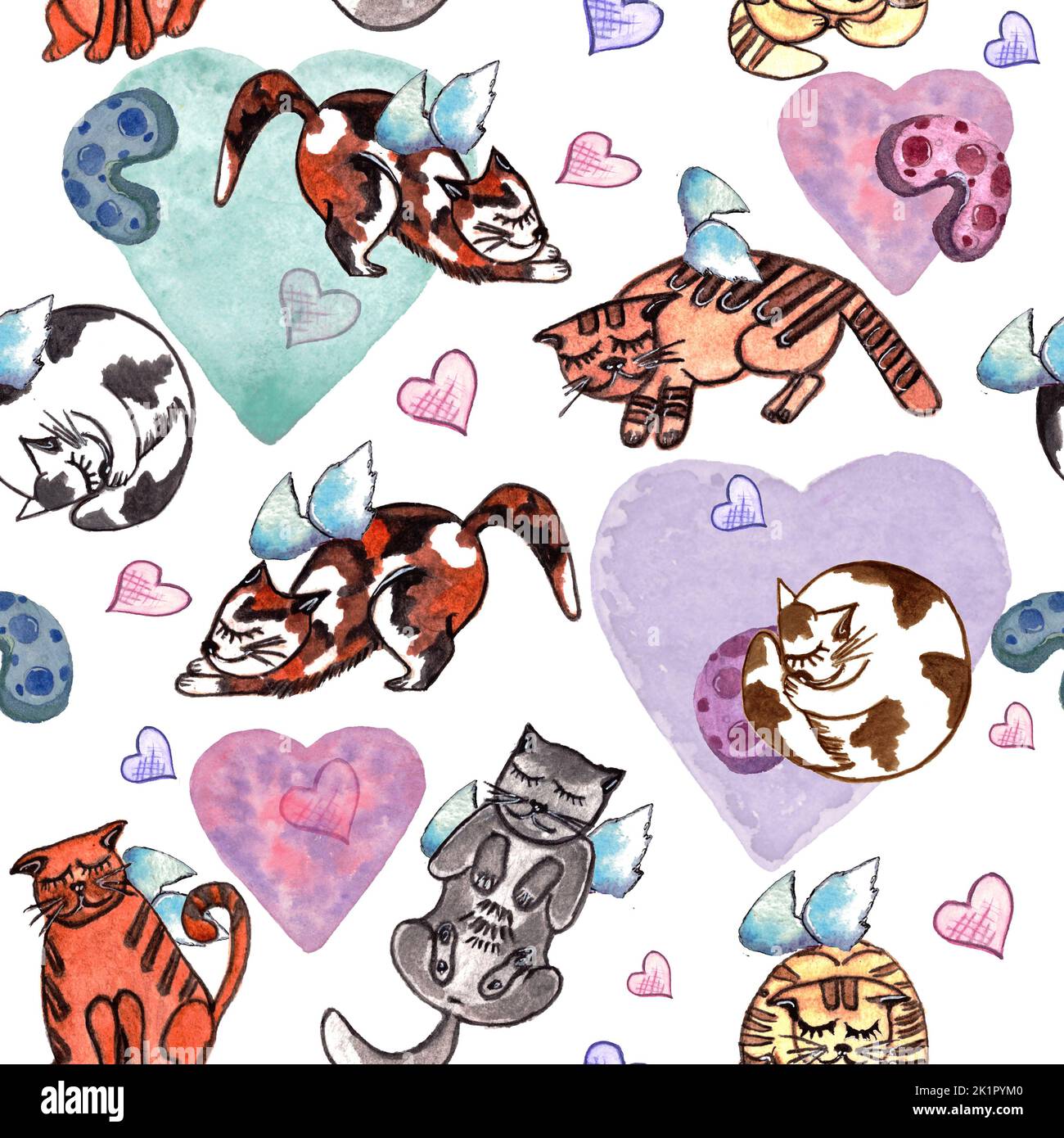 Hand gezeichnet Aquarell Valentines nahtlose Muster mit schlafenden Katzen und farbigen hearts.Valentines Tag, Geburtstag Muster Stockfoto