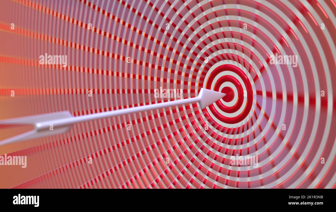 3D Darstellung eines Pfeils, der direkt in der Mitte des Bullseye-Ziels steckt; eine Darstellung von Erfolg, Ziel, Genauigkeit, Ziel usw. Eine Form des modernen Betrügerns Stockfoto