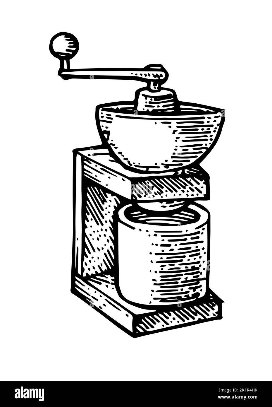 Universal Handmühle zur Herstellung von Mehl und gemahlenem Kaffee. Veraltete alte Retro-Technologie. Zu Pulver mahlen. Handgezeichnete Umrissskizze. Isoliert Stock Vektor