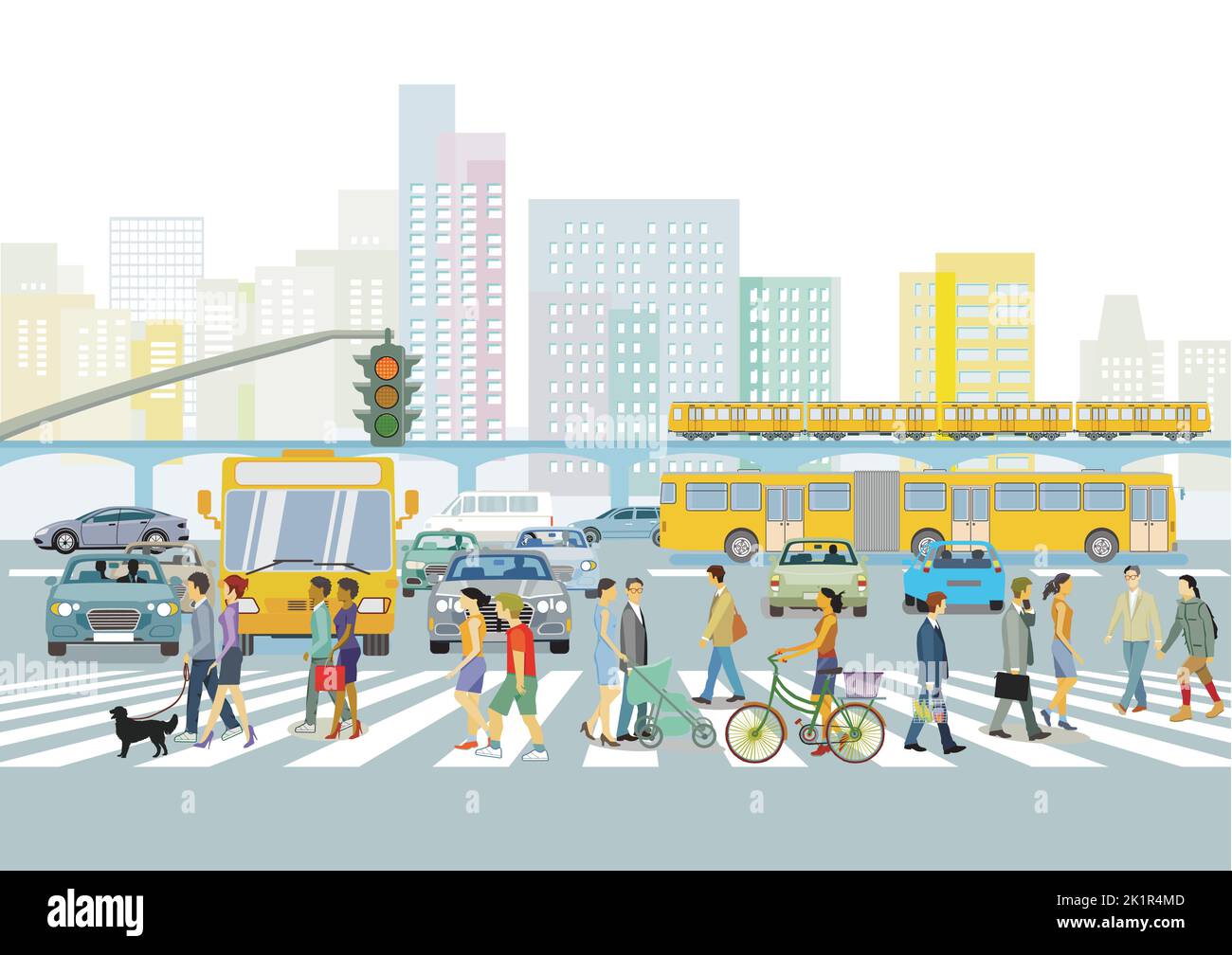 Menschen auf dem Fußgängerweg und Straßenverkehr, Illustration Stock Vektor