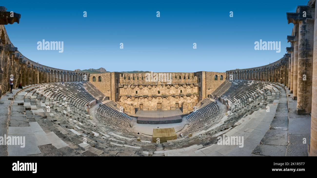 Panorama des antiken römischen Theaters von Aspendos, Aspendos Ancient City, Antalya, Türkei Stockfoto