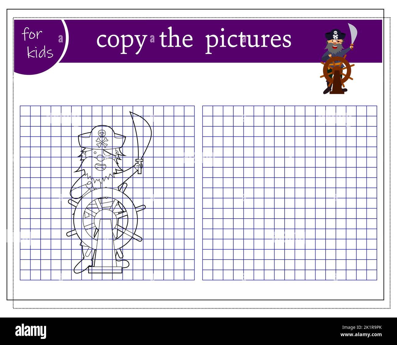 Kopieren Sie das Bild, pädagogische Spiele für Kinder, Cartoon Piraten steuert das Schiff. vektor Stock Vektor