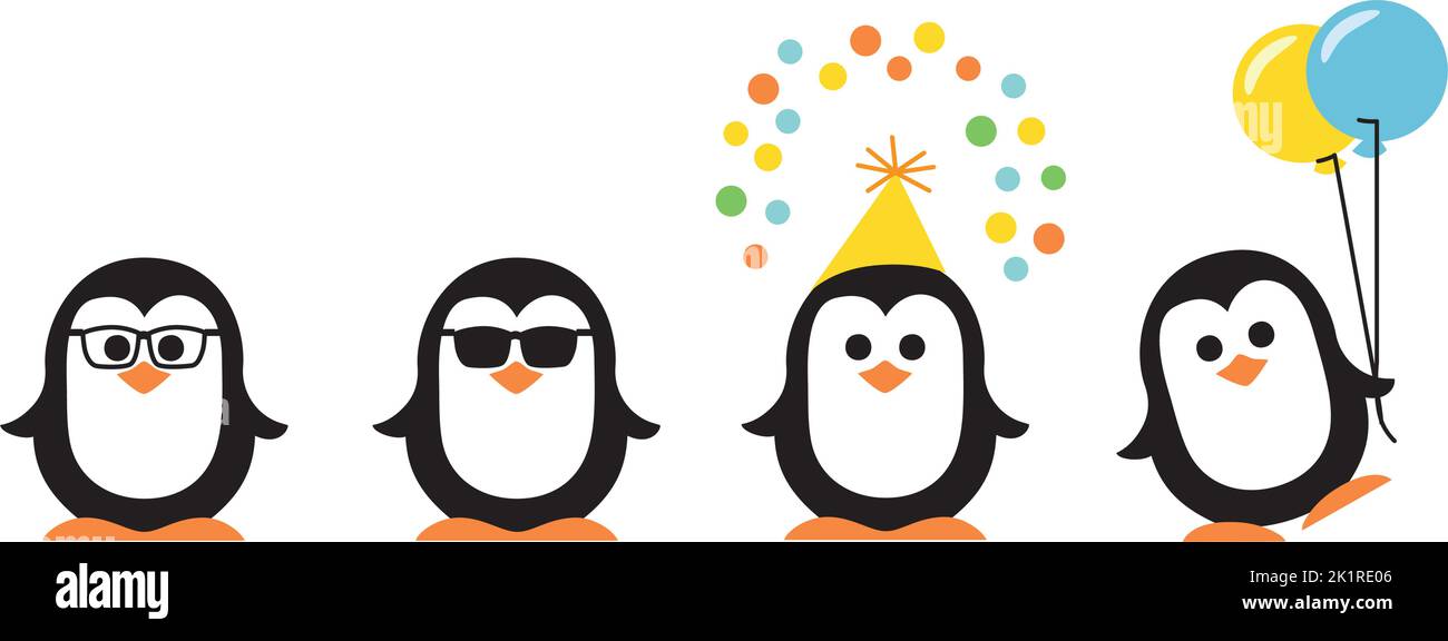 Vier niedliche, lustige Pinguine mit Brille, Sonnenbrille, Partyhut und Konfetti und Ballons Stock Vektor