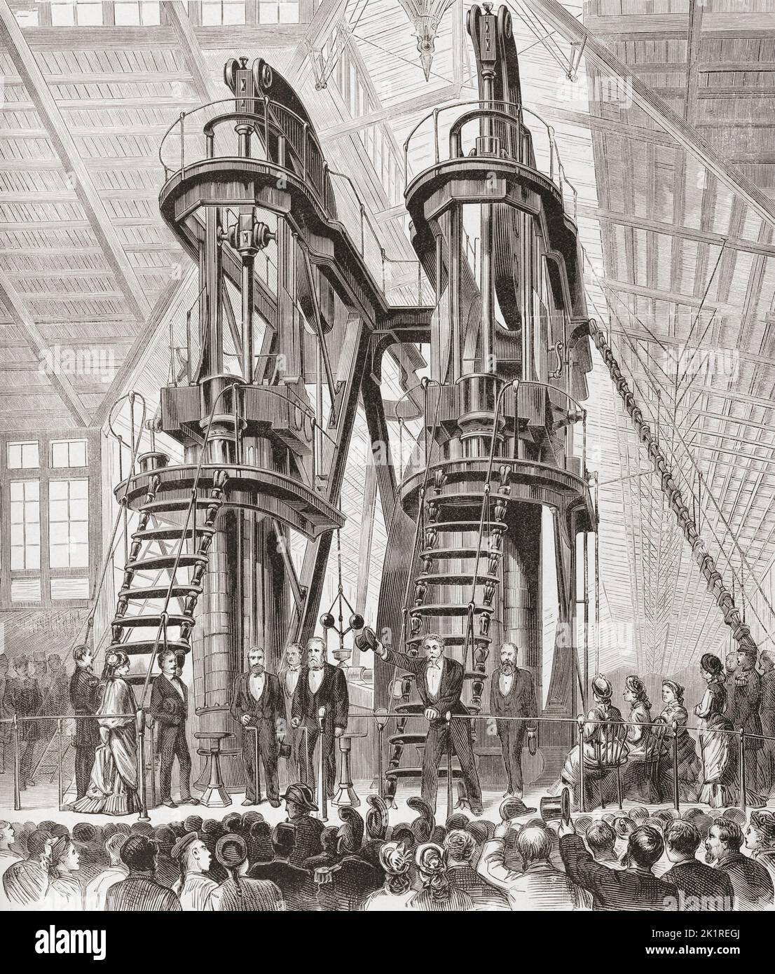 Der Drehstrahlmotor, bekannt als Corliss Centennial Engine, der die meisten Exponate auf der Centennial Exposition in Philadelphia im Jahr 1876 mit Strom versorgte. Nach einer Illustration in Frank Leslie's historischem Register der United States Centennial Exposition, 1876 Stockfoto